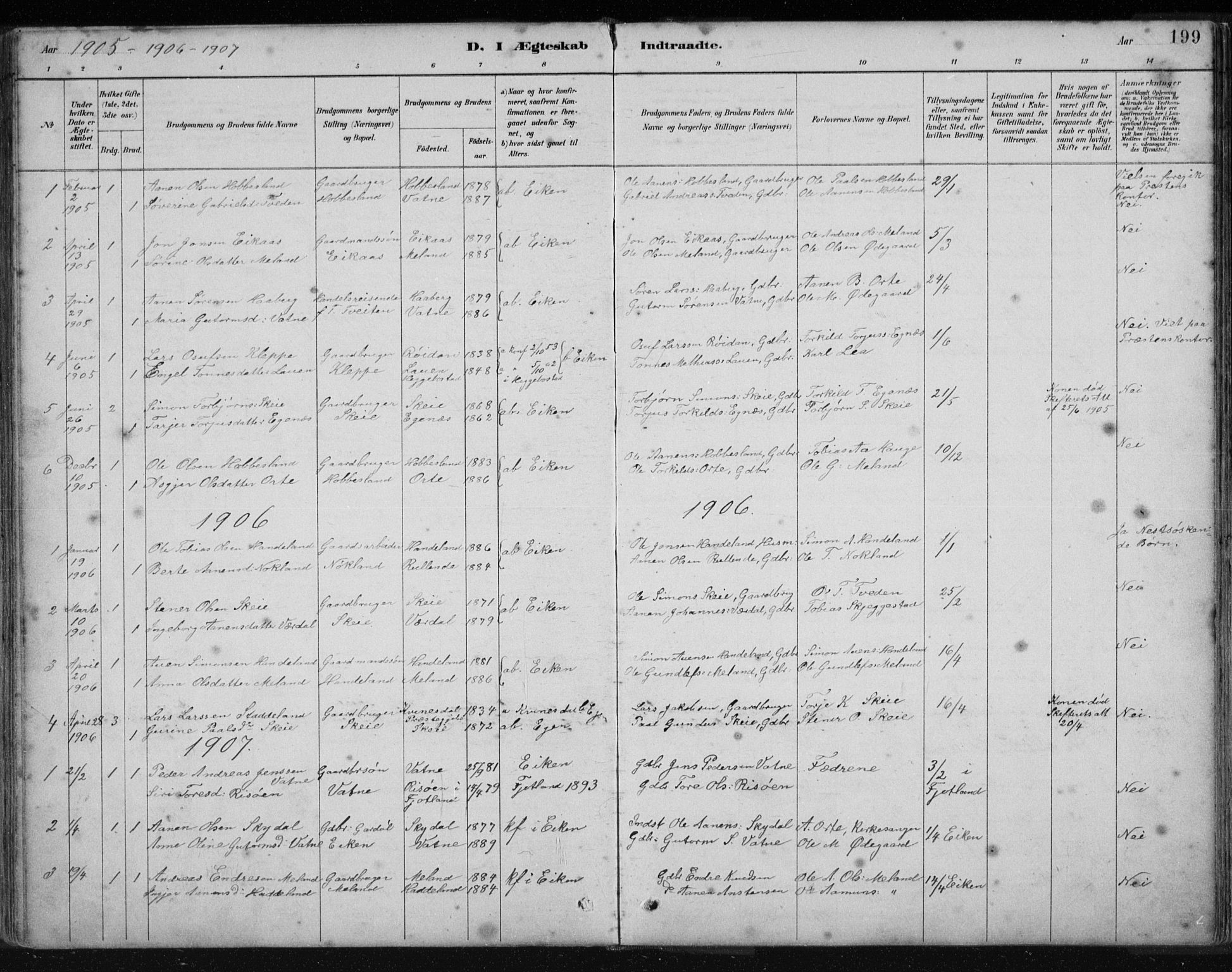 Hægebostad sokneprestkontor, AV/SAK-1111-0024/F/Fb/Fbb/L0003: Parish register (copy) no. B 3, 1887-1937, p. 199