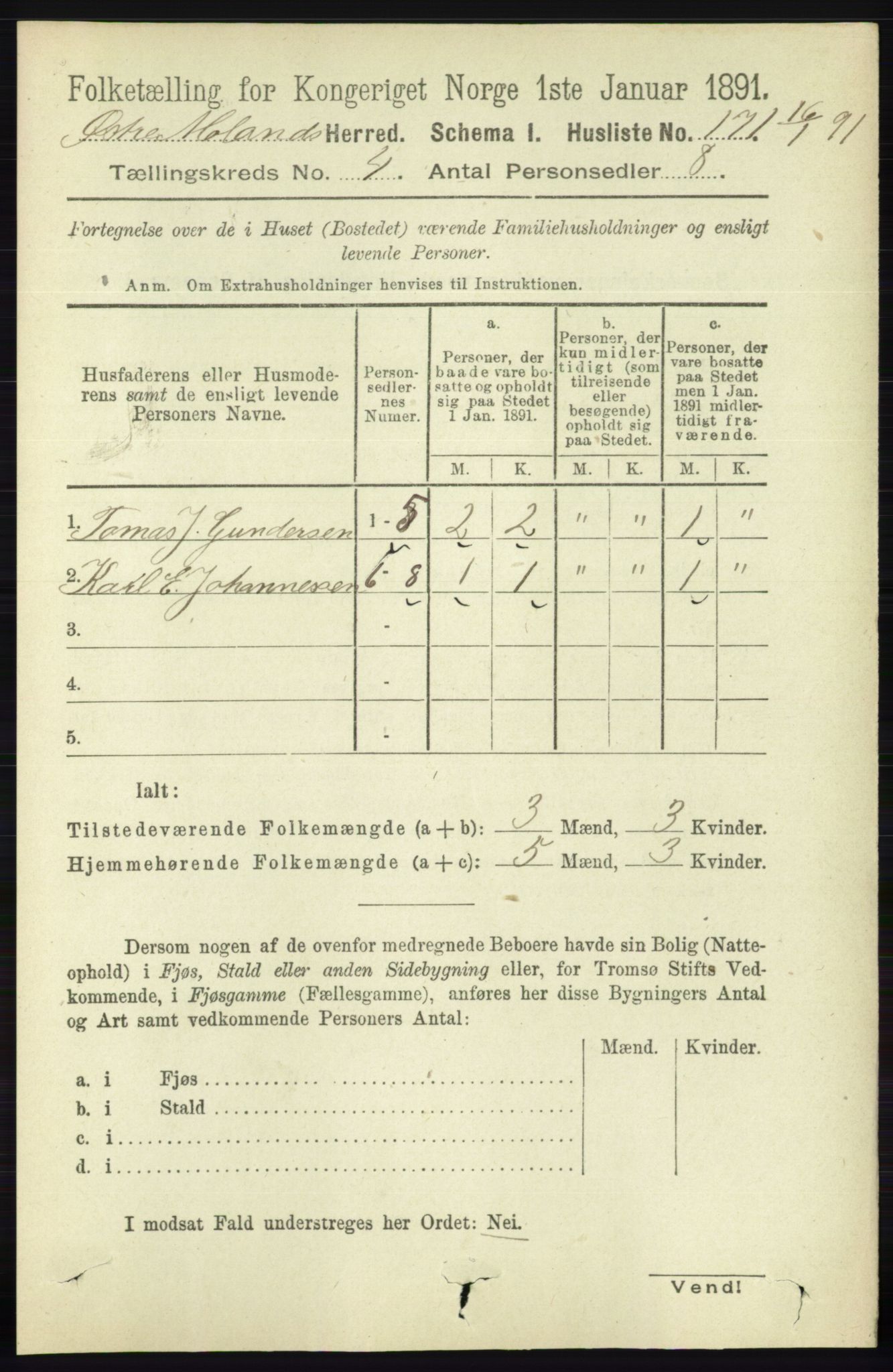 RA, 1891 census for 0918 Austre Moland, 1891, p. 2072