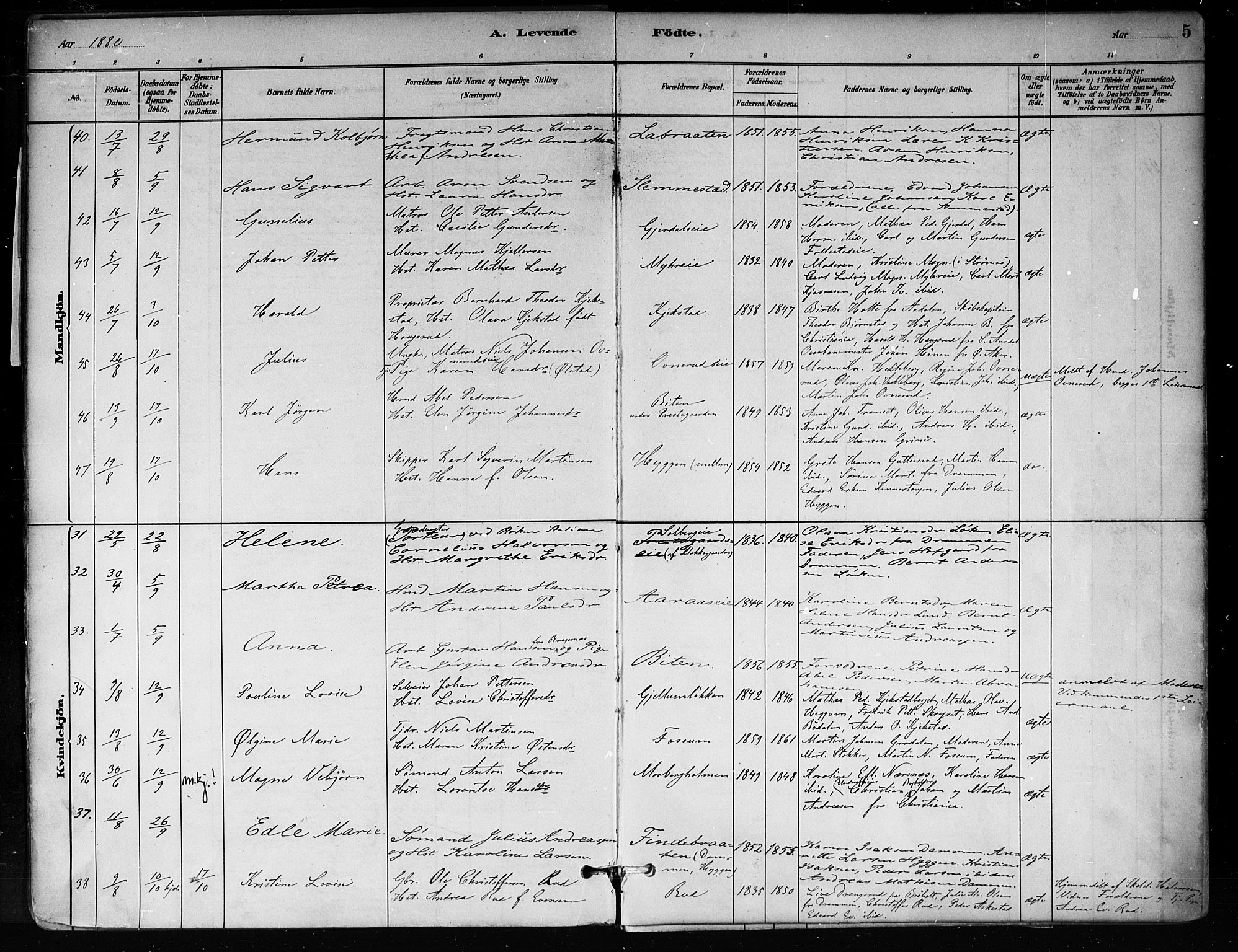 Røyken kirkebøker, AV/SAKO-A-241/F/Fa/L0008: Parish register (official) no. 8, 1880-1897, p. 5