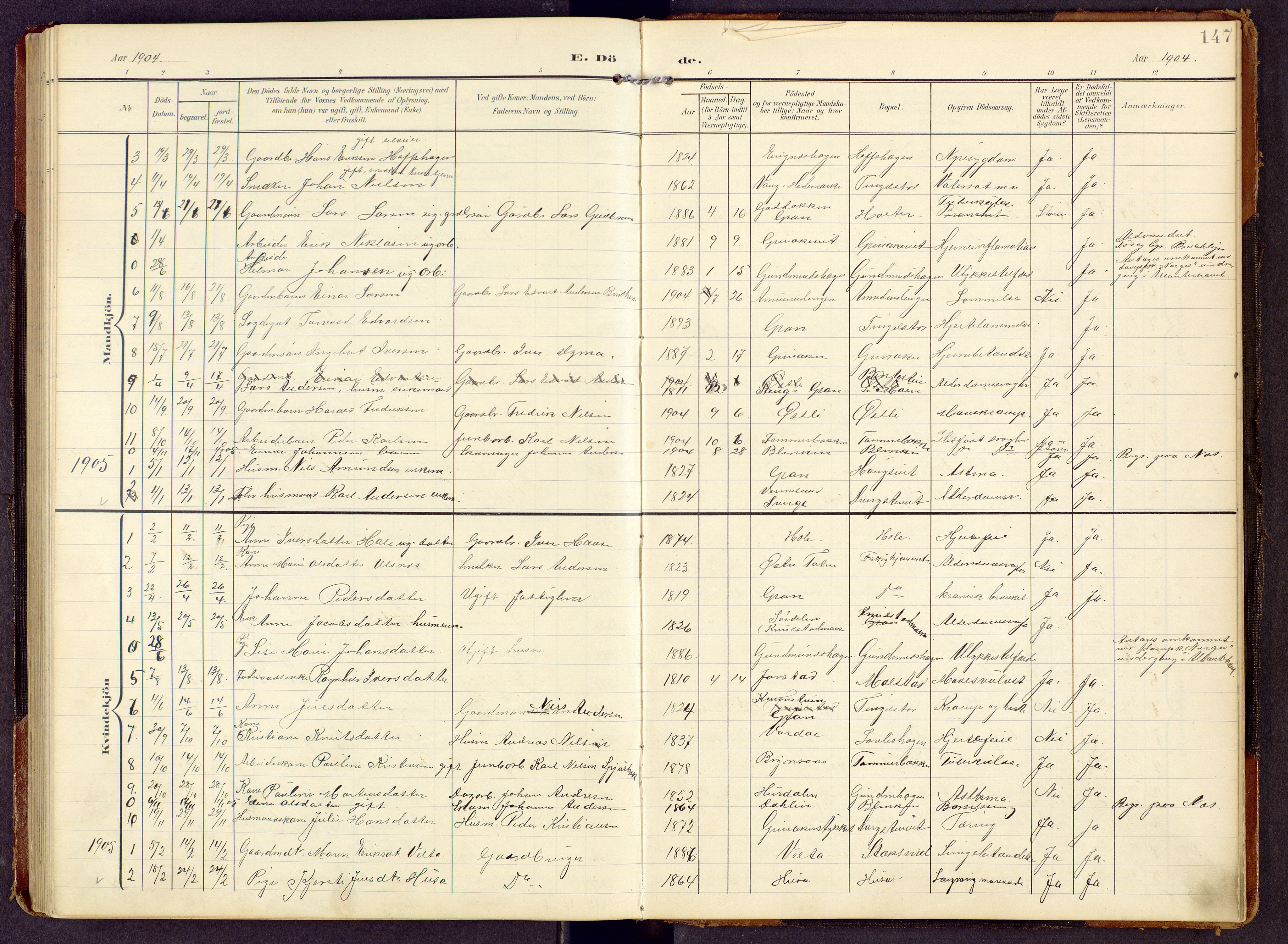 Brandbu prestekontor, SAH/PREST-114/H/Ha/Hab/L0009: Parish register (copy) no. 9, 1903-1916, p. 147