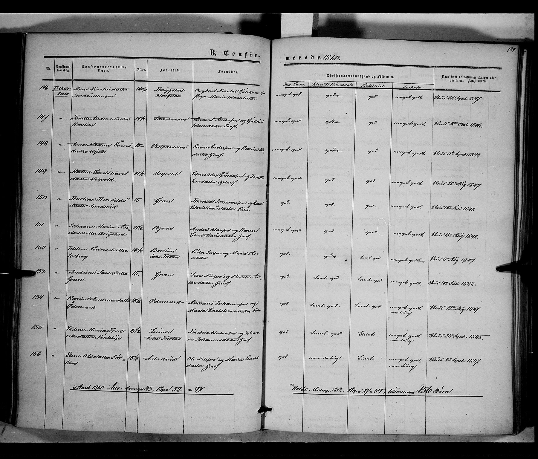 Vestre Toten prestekontor, SAH/PREST-108/H/Ha/Haa/L0006: Parish register (official) no. 6, 1856-1861, p. 189