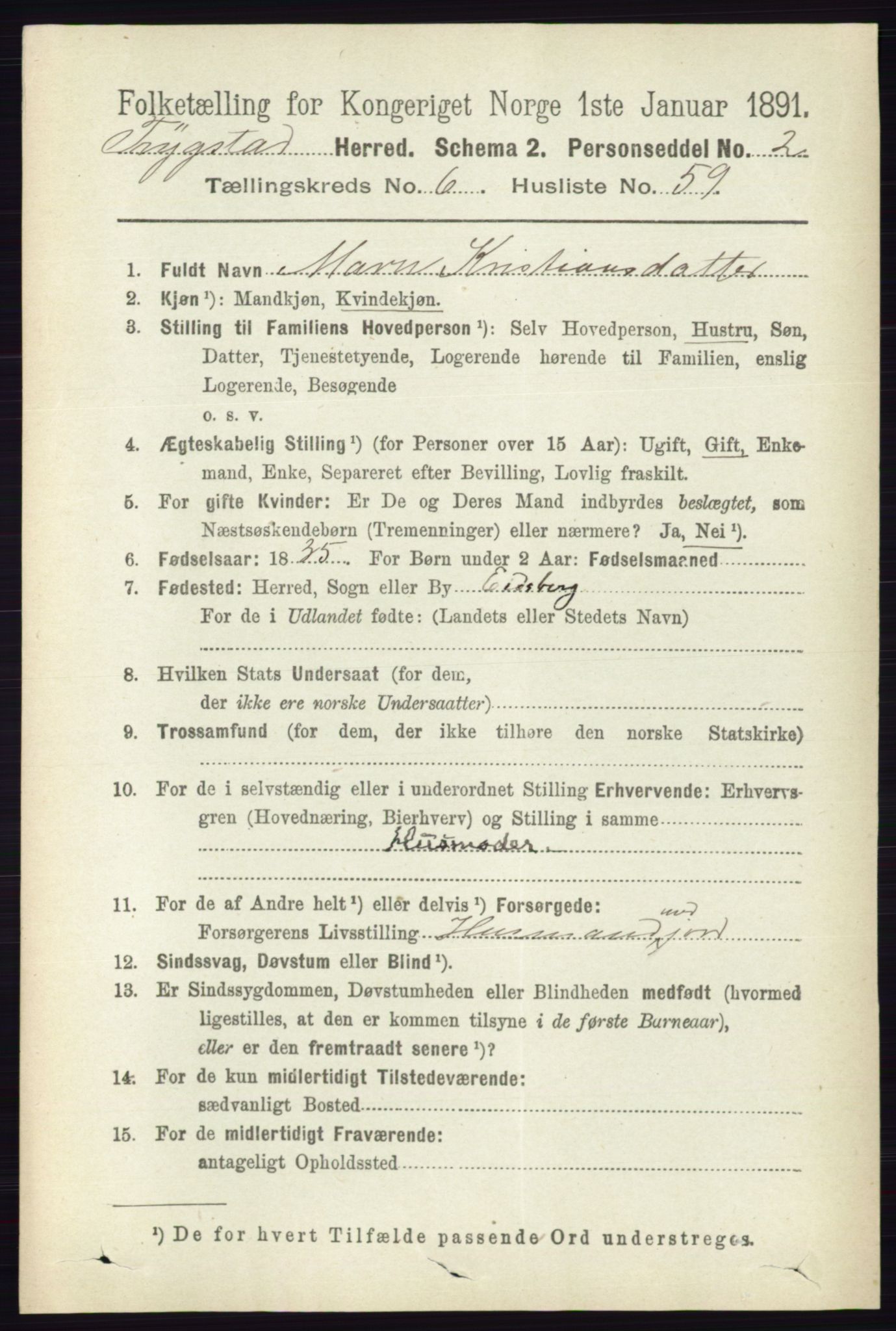 RA, 1891 Census for 0122 Trøgstad, 1891, p. 2835