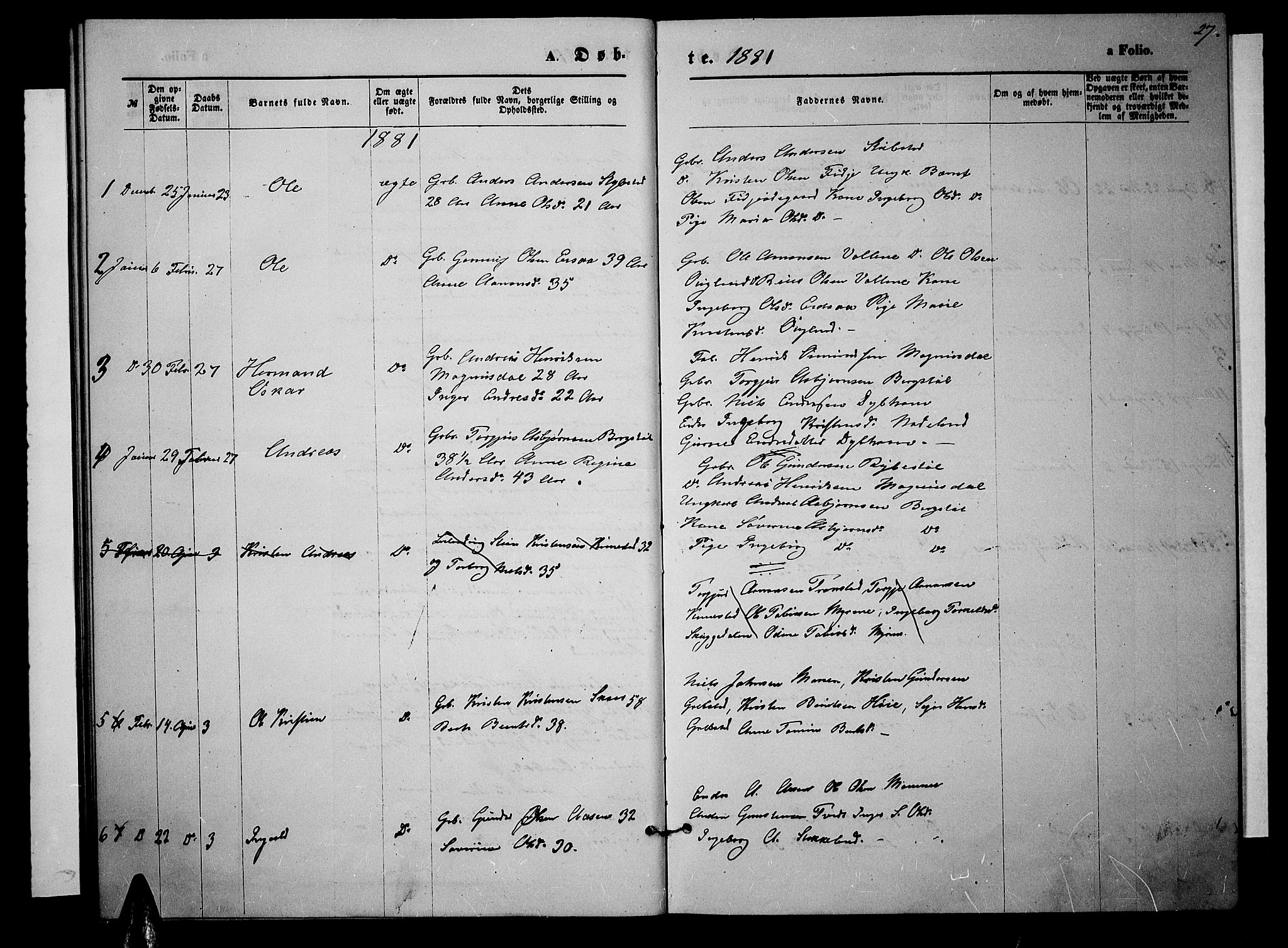 Søgne sokneprestkontor, SAK/1111-0037/F/Fb/Fba/L0003: Parish register (copy) no. B 3, 1874-1887, p. 27