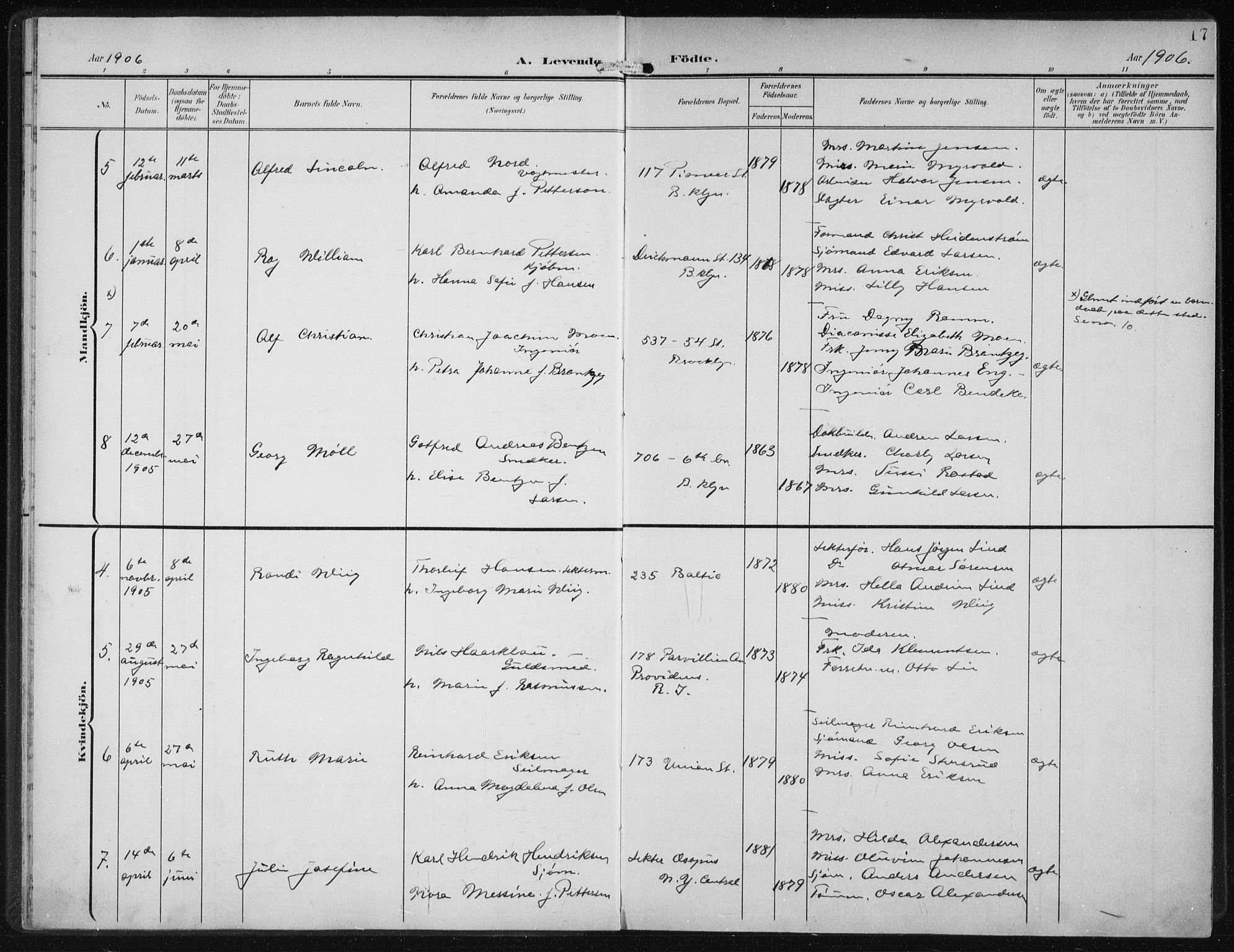 Den norske sjømannsmisjon i utlandet/New York, AV/SAB-SAB/PA-0110/H/Ha/L0005: Parish register (official) no. A 5, 1902-1908, p. 17