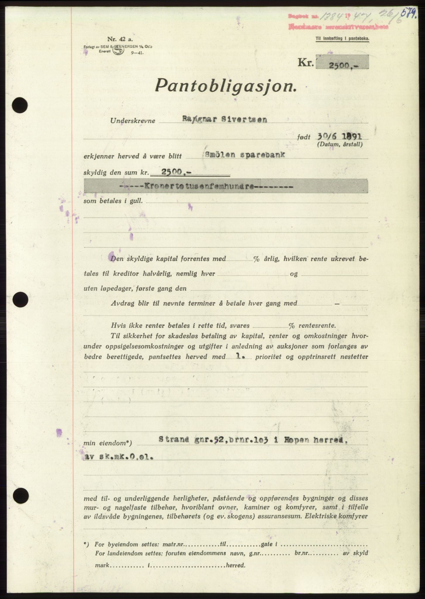 Nordmøre sorenskriveri, AV/SAT-A-4132/1/2/2Ca: Mortgage book no. B96, 1947-1947, Diary no: : 1384/1947