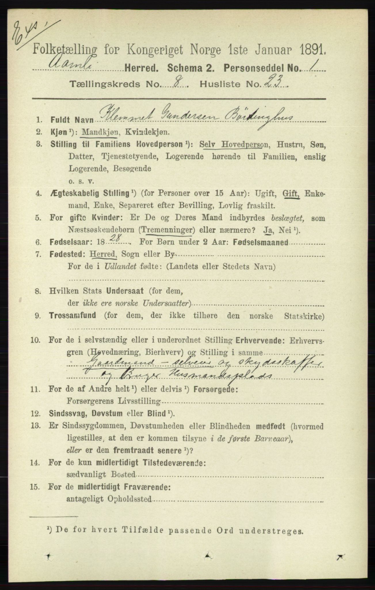 RA, Census 1891 for Nedenes amt: Gjenparter av personsedler for beslektede ektefeller, menn, 1891, p. 362