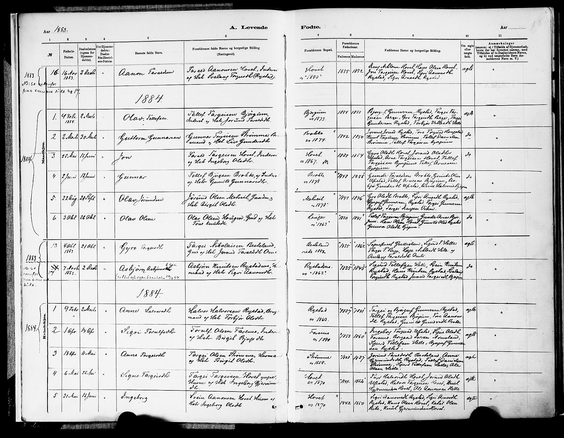 Valle sokneprestkontor, SAK/1111-0044/F/Fa/Fab/L0001: Parish register (official) no. A 1, 1882-1910, p. 6