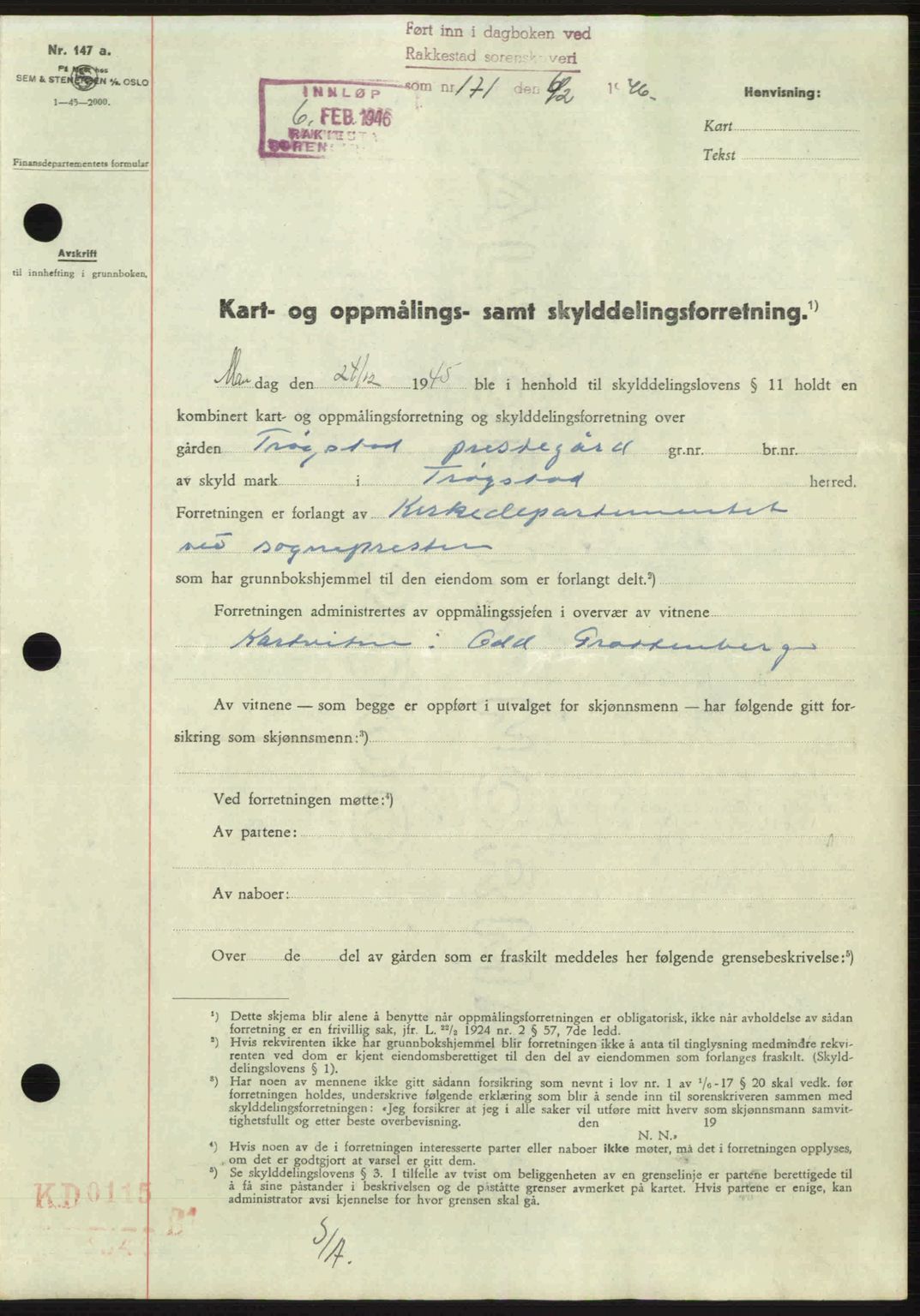 Rakkestad sorenskriveri, AV/SAO-A-10686/G/Gb/Gba/Gbab/L0012a: Mortgage book no. A12 I, 1945-1946, Diary no: : 171/1946