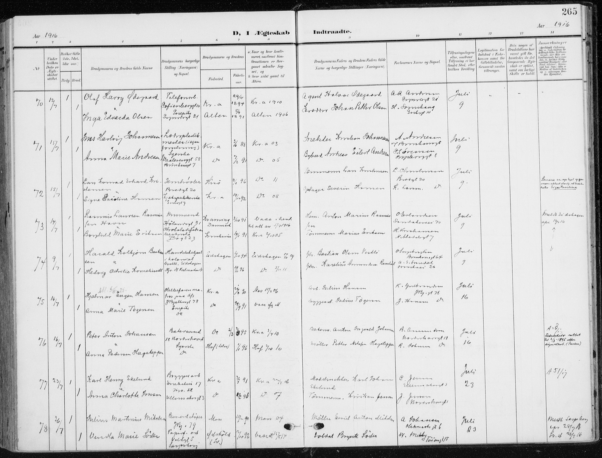 Kampen prestekontor Kirkebøker, AV/SAO-A-10853/F/Fa/L0011: Parish register (official) no. I 11, 1907-1917, p. 265