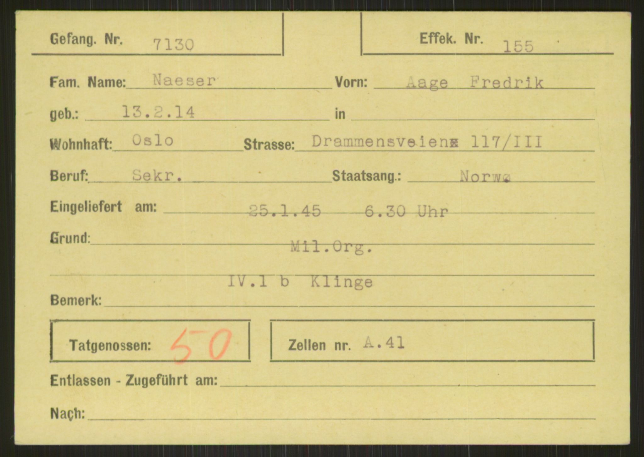 Befehlshaber der Sicherheitspolizei und des SD, RA/RAFA-5969/E/Ea/Eab/L0008: Register over norske fanger i Møllergata 19 ordnet etter fangenummer: 7130-7531 + 7474, 1940-1945