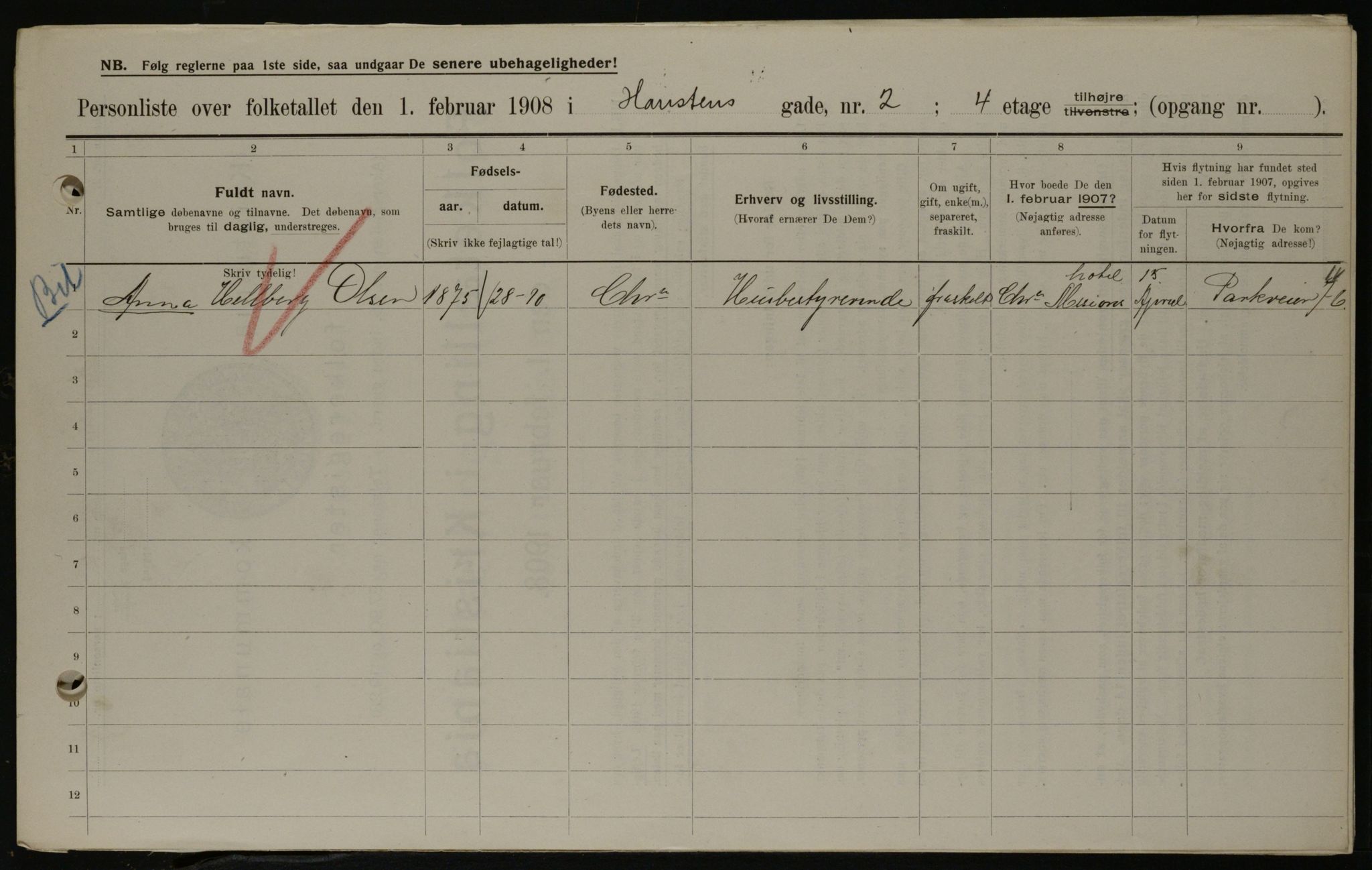 OBA, Municipal Census 1908 for Kristiania, 1908, p. 31342