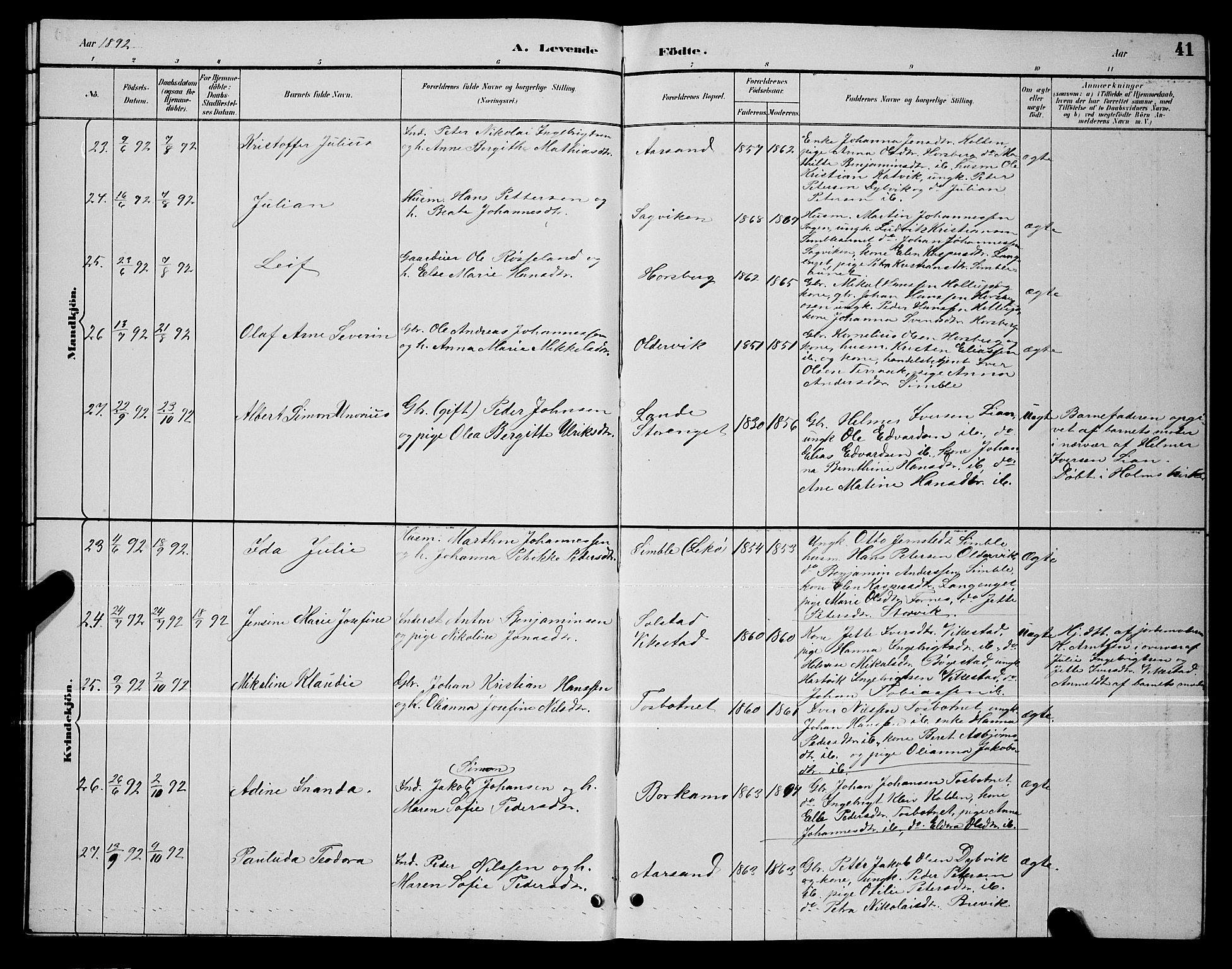 Ministerialprotokoller, klokkerbøker og fødselsregistre - Nordland, AV/SAT-A-1459/810/L0160: Parish register (copy) no. 810C03, 1884-1896, p. 41