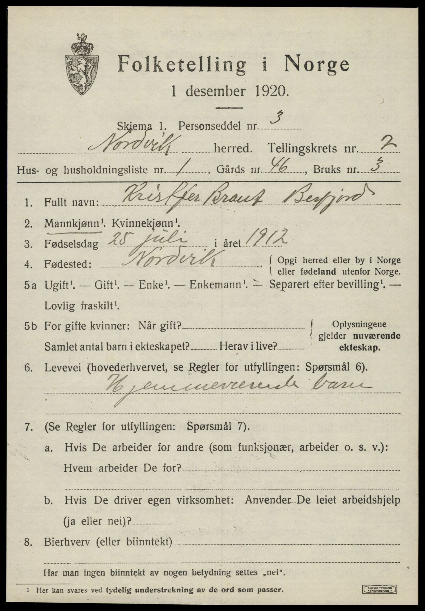 SAT, 1920 census for Nordvik, 1920, p. 2612