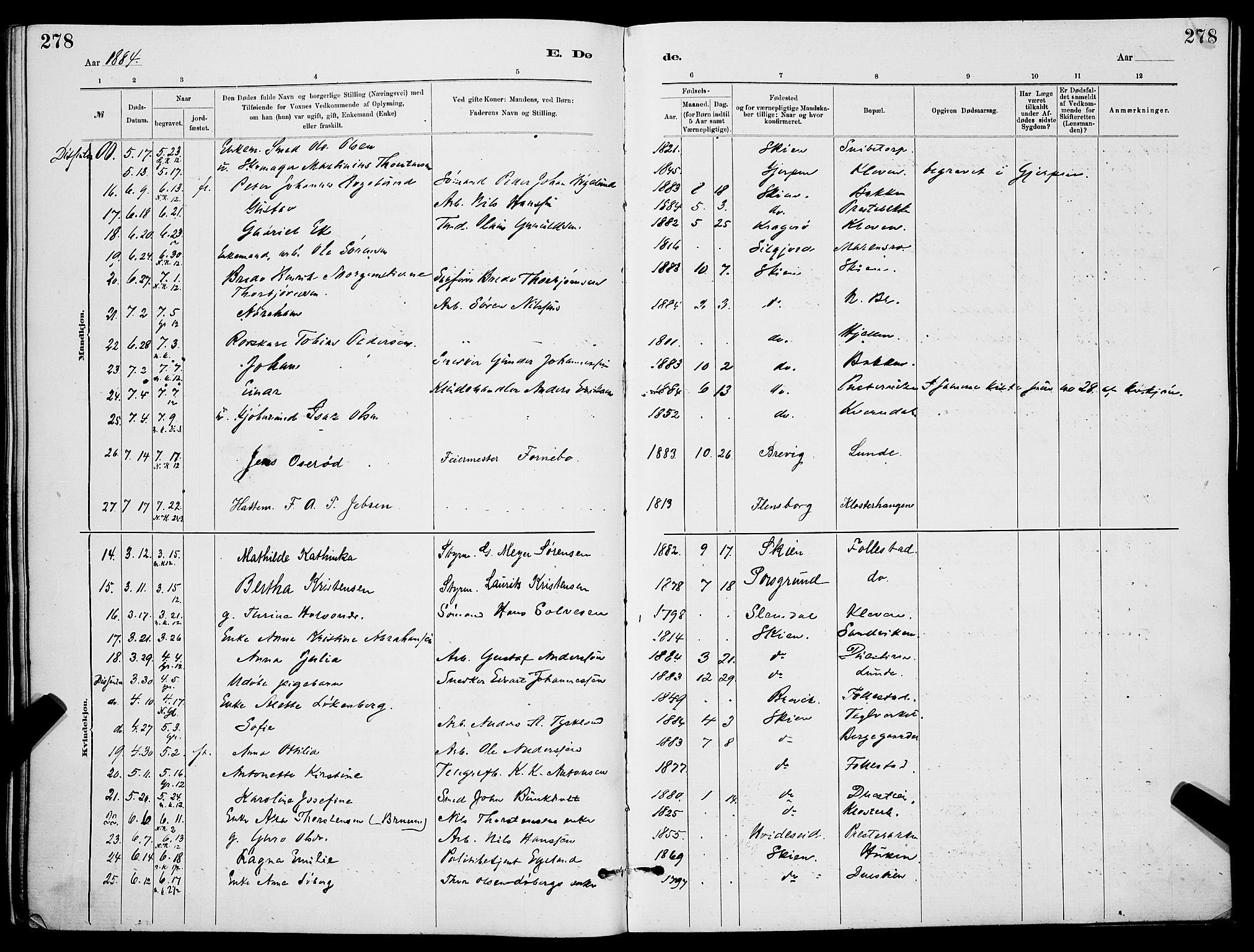Skien kirkebøker, AV/SAKO-A-302/G/Ga/L0006: Parish register (copy) no. 6, 1881-1890, p. 278