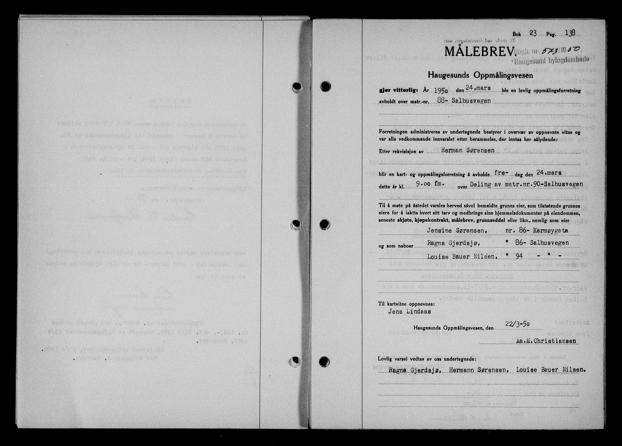 Haugesund tingrett, AV/SAST-A-101415/01/II/IIC/L0064: Mortgage book no. A 5, 1949-1950, Diary no: : 573/1950