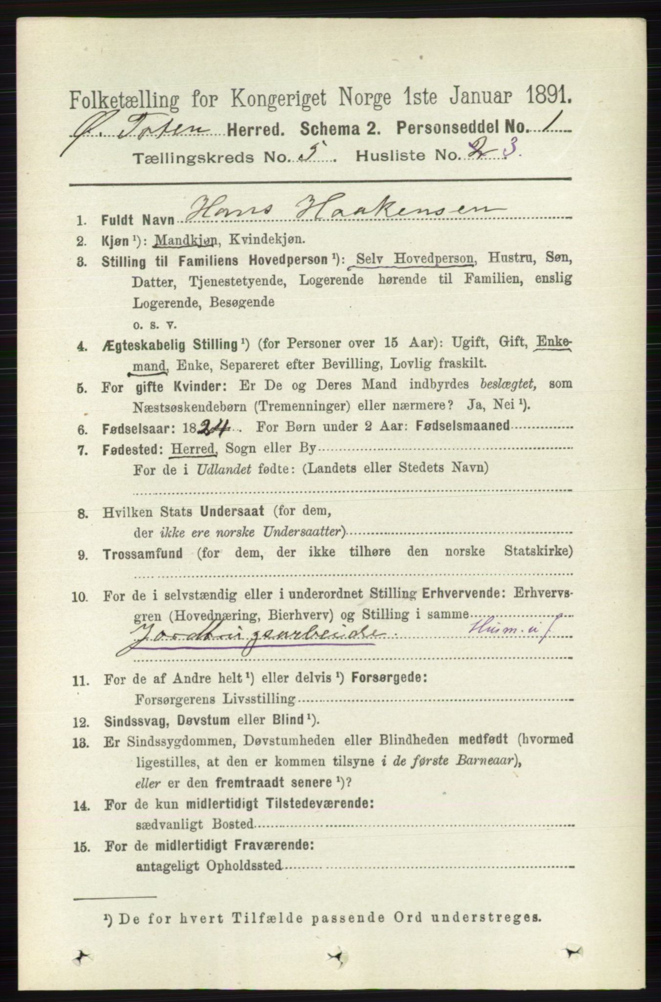 RA, 1891 census for 0528 Østre Toten, 1891, p. 3188