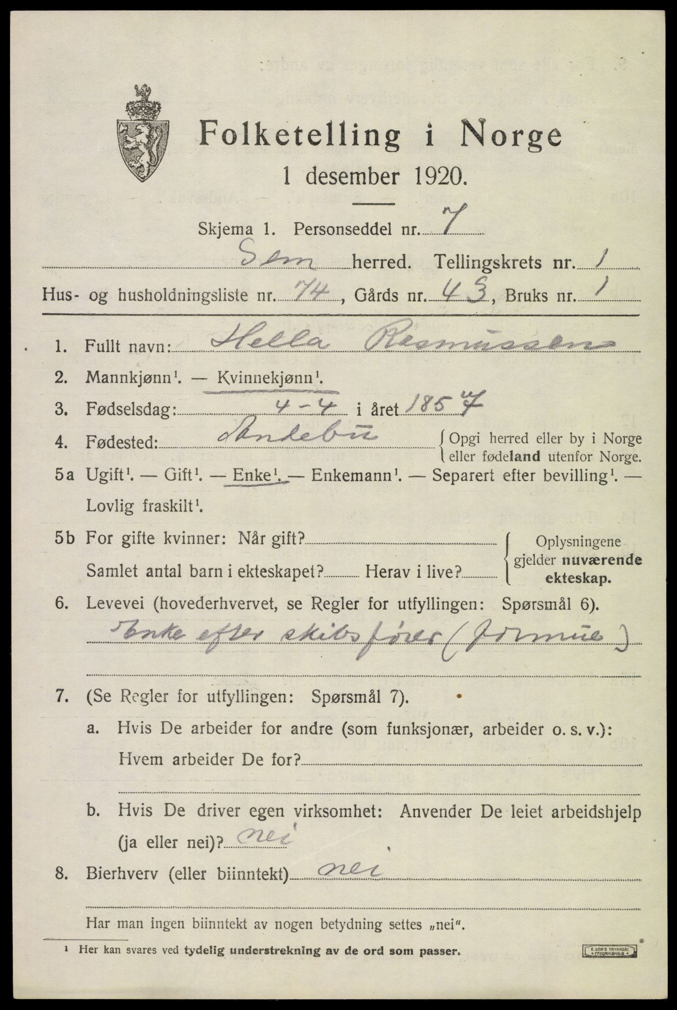 SAKO, 1920 census for Sem, 1920, p. 3571