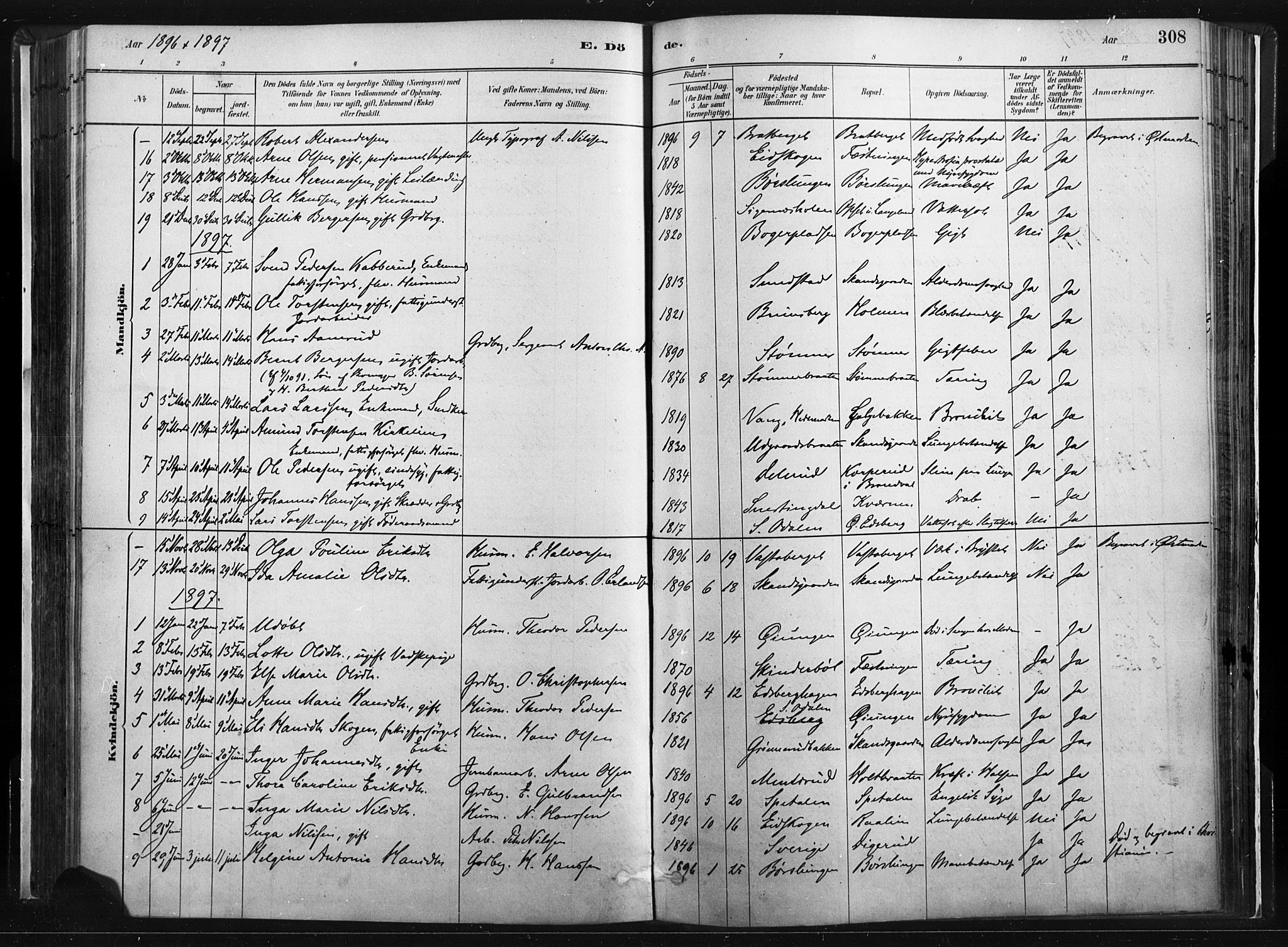 Vinger prestekontor, SAH/PREST-024/H/Ha/Haa/L0014: Parish register (official) no. 14, 1881-1900, p. 308