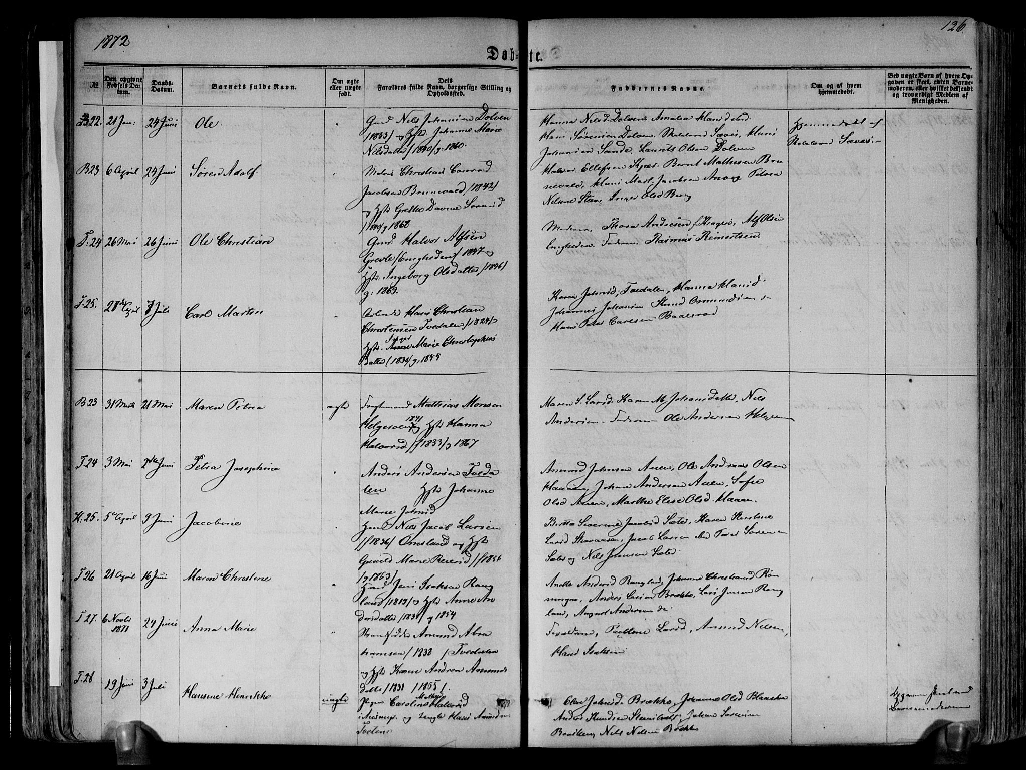 Brunlanes kirkebøker, AV/SAKO-A-342/F/Fa/L0005: Parish register (official) no. I 5, 1862-1877, p. 126