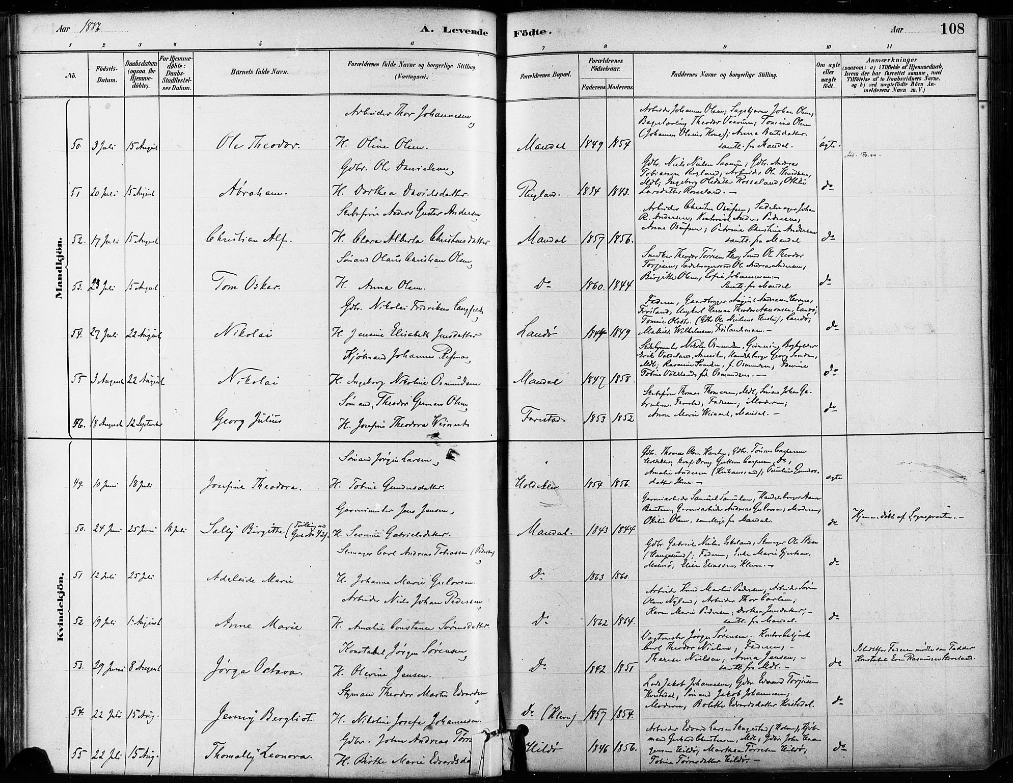 Mandal sokneprestkontor, SAK/1111-0030/F/Fa/Faa/L0016: Parish register (official) no. A 16, 1880-1890, p. 108