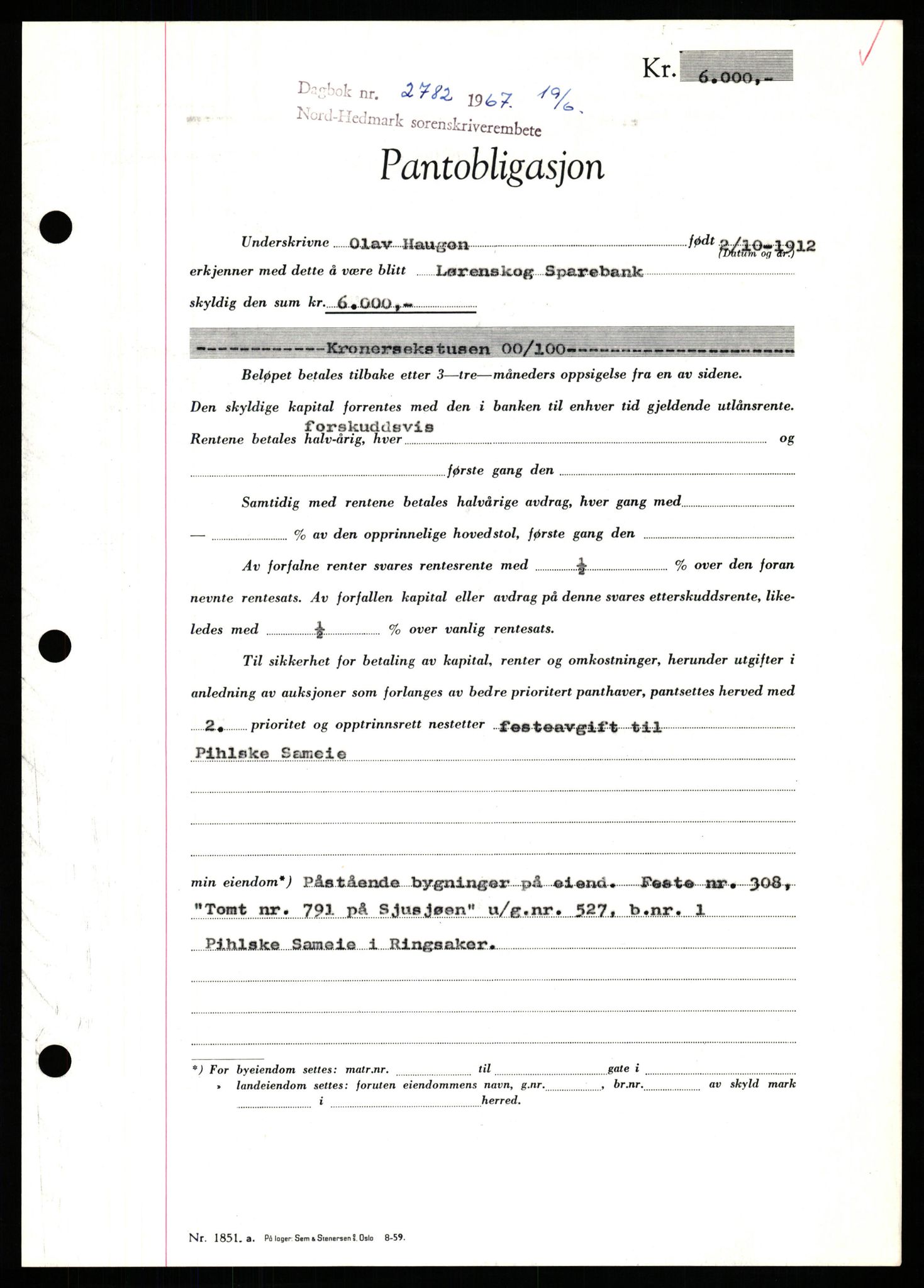 Nord-Hedmark sorenskriveri, SAH/TING-012/H/Hb/Hbf/L0071: Mortgage book no. B71, 1967-1967, Diary no: : 2782/1967