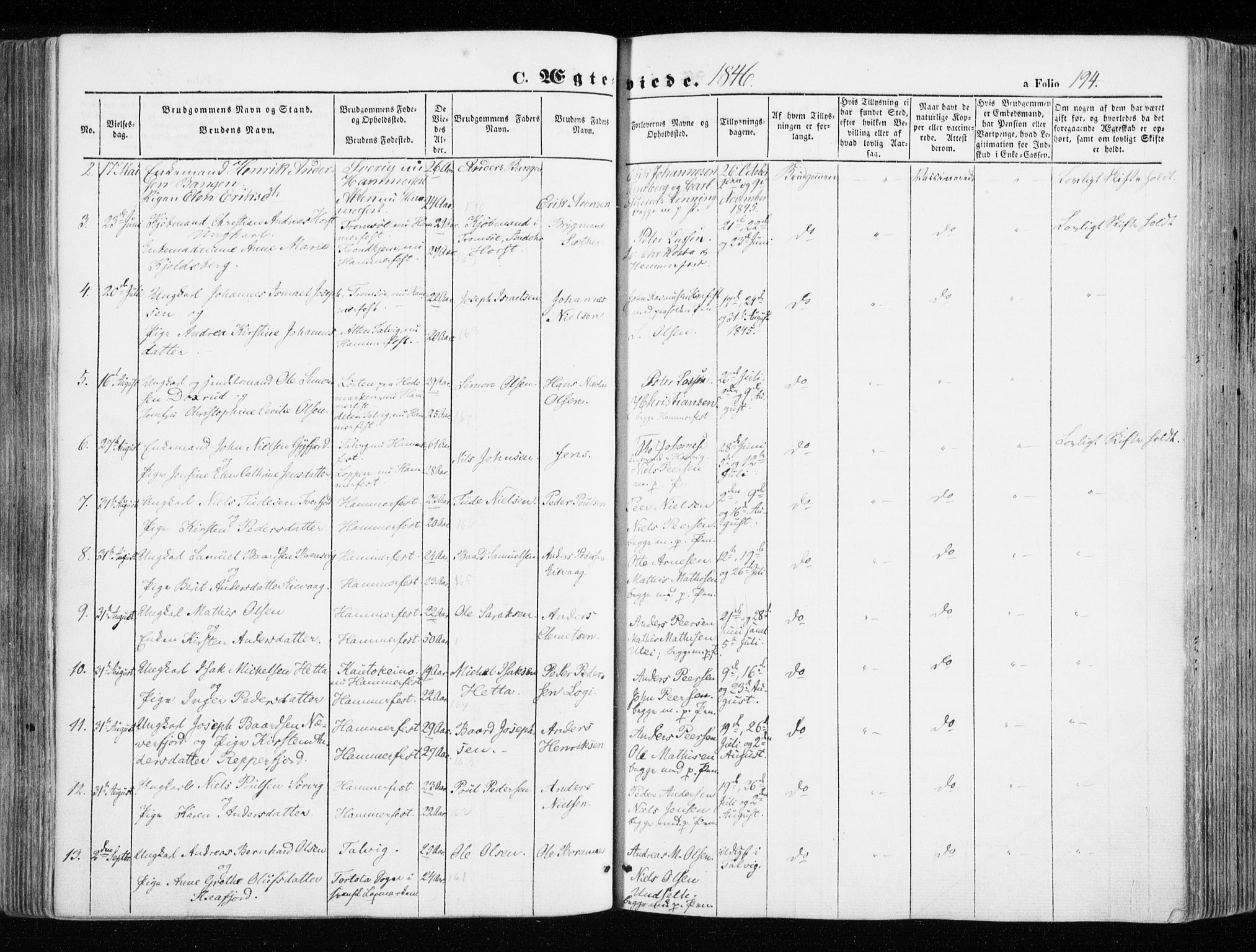 Hammerfest sokneprestkontor, SATØ/S-1347/H/Ha/L0004.kirke: Parish register (official) no. 4, 1843-1856, p. 194