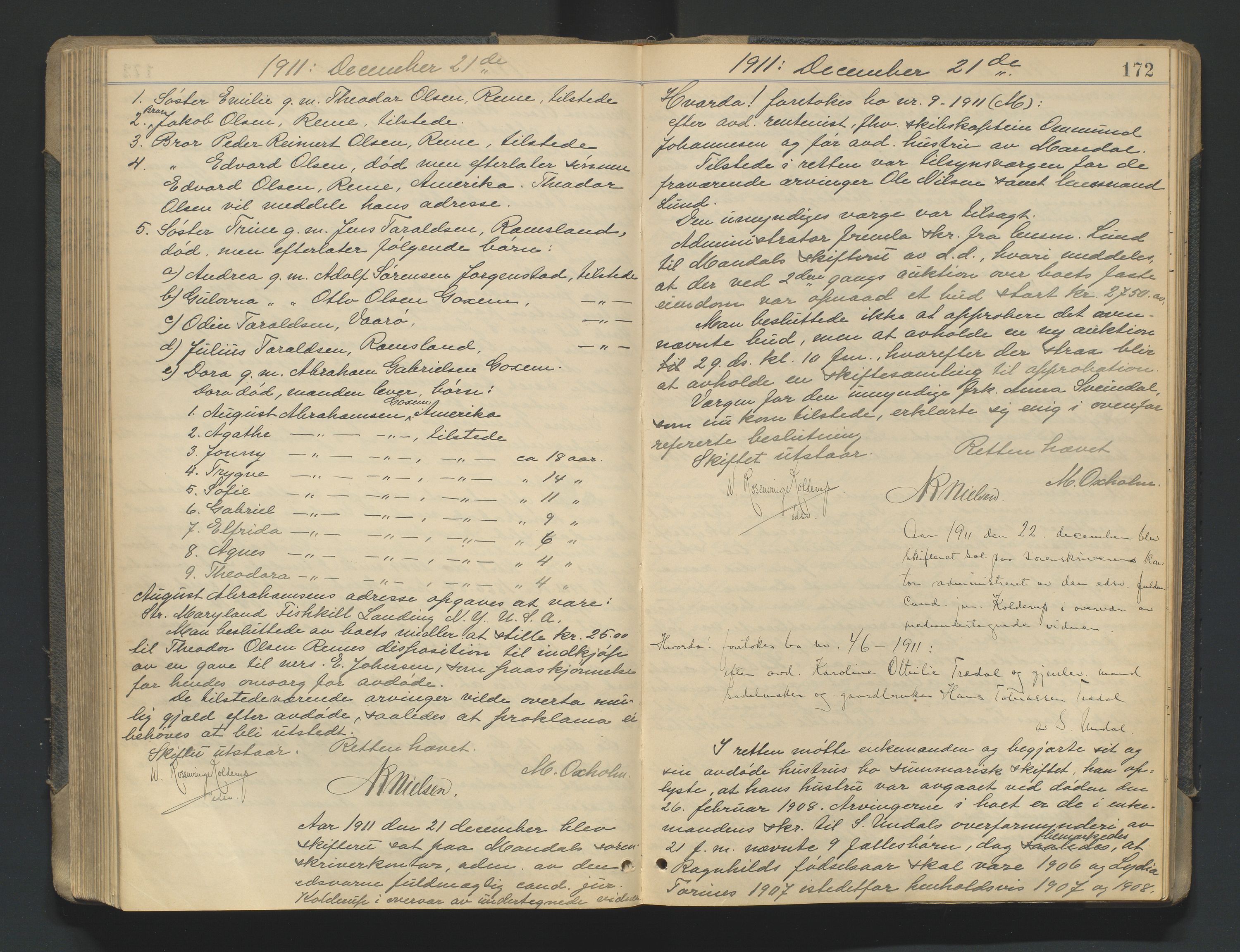 Mandal sorenskriveri, AV/SAK-1221-0005/001/H/Hc/L0081: Skifteforhandlingsprotokoll nr 13, 1909-1913, p. 172