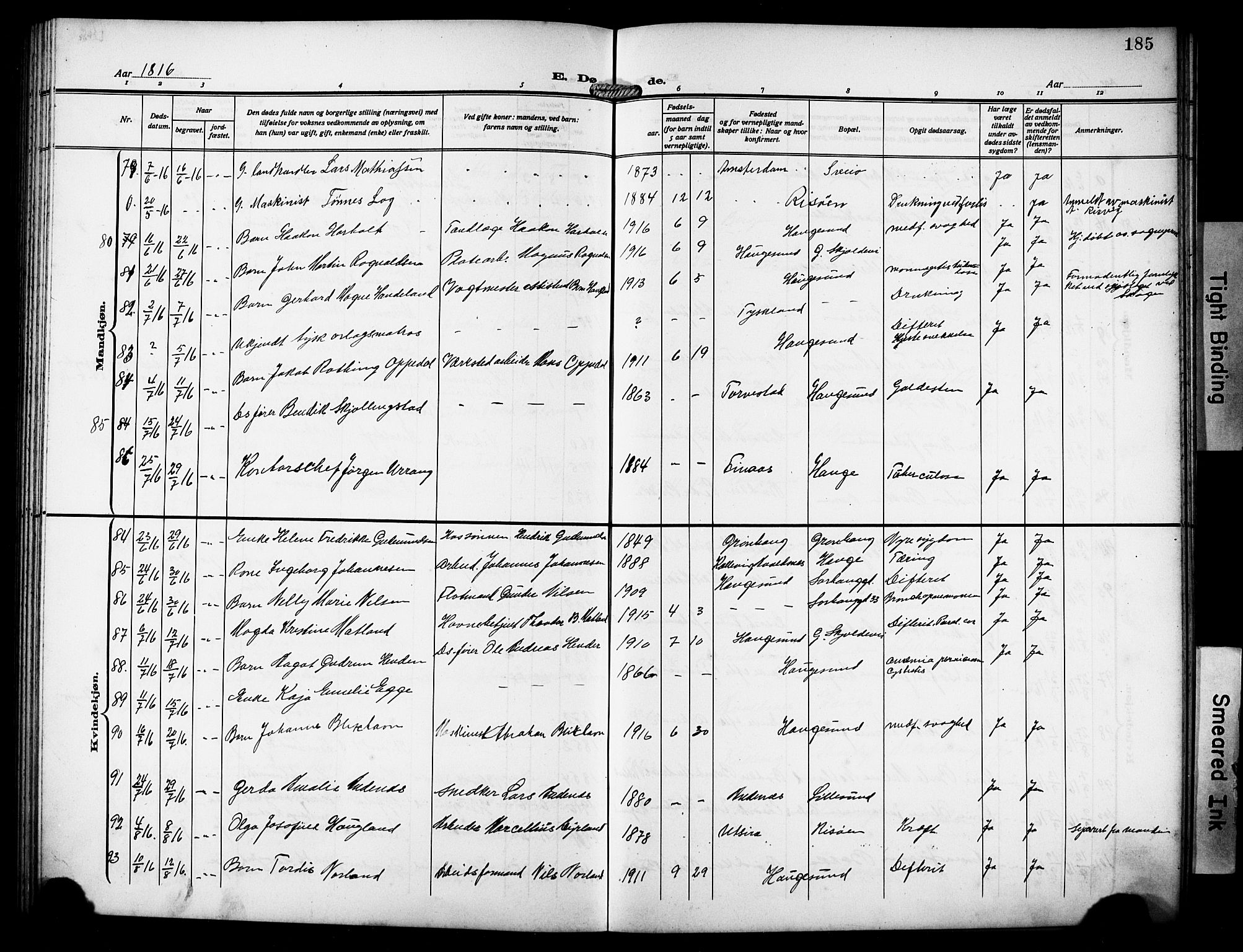 Haugesund sokneprestkontor, AV/SAST-A -101863/H/Ha/Hab/L0008: Parish register (copy) no. B 8, 1909-1921, p. 185