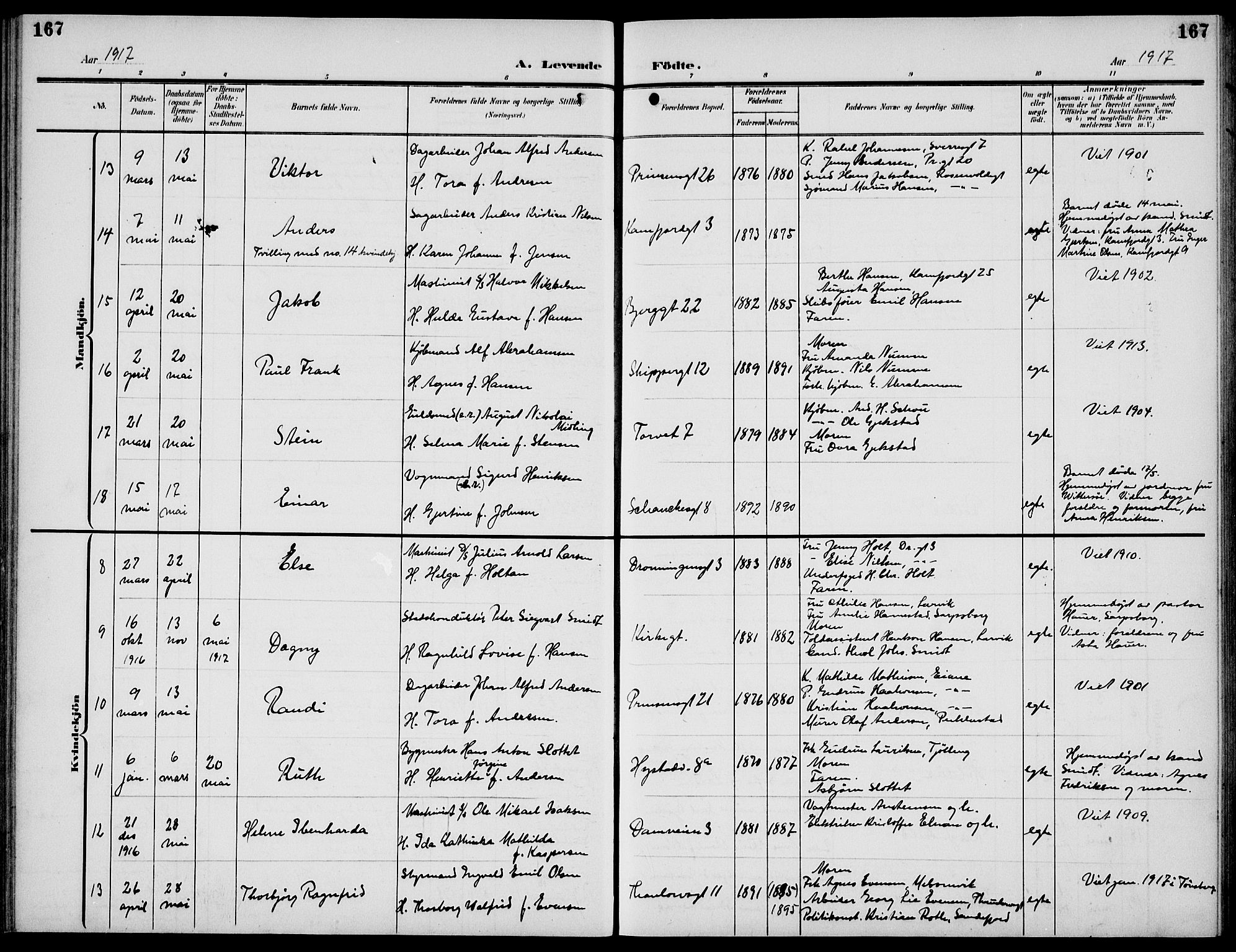 Sandefjord kirkebøker, AV/SAKO-A-315/G/Ga/L0003: Parish register (copy) no. 3, 1903-1920, p. 167