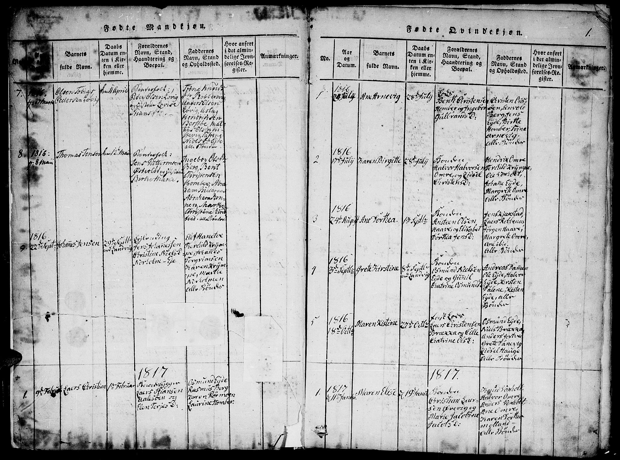Hommedal sokneprestkontor, SAK/1111-0023/F/Fa/Faa/L0001: Parish register (official) no. A 1, 1816-1860, p. 1