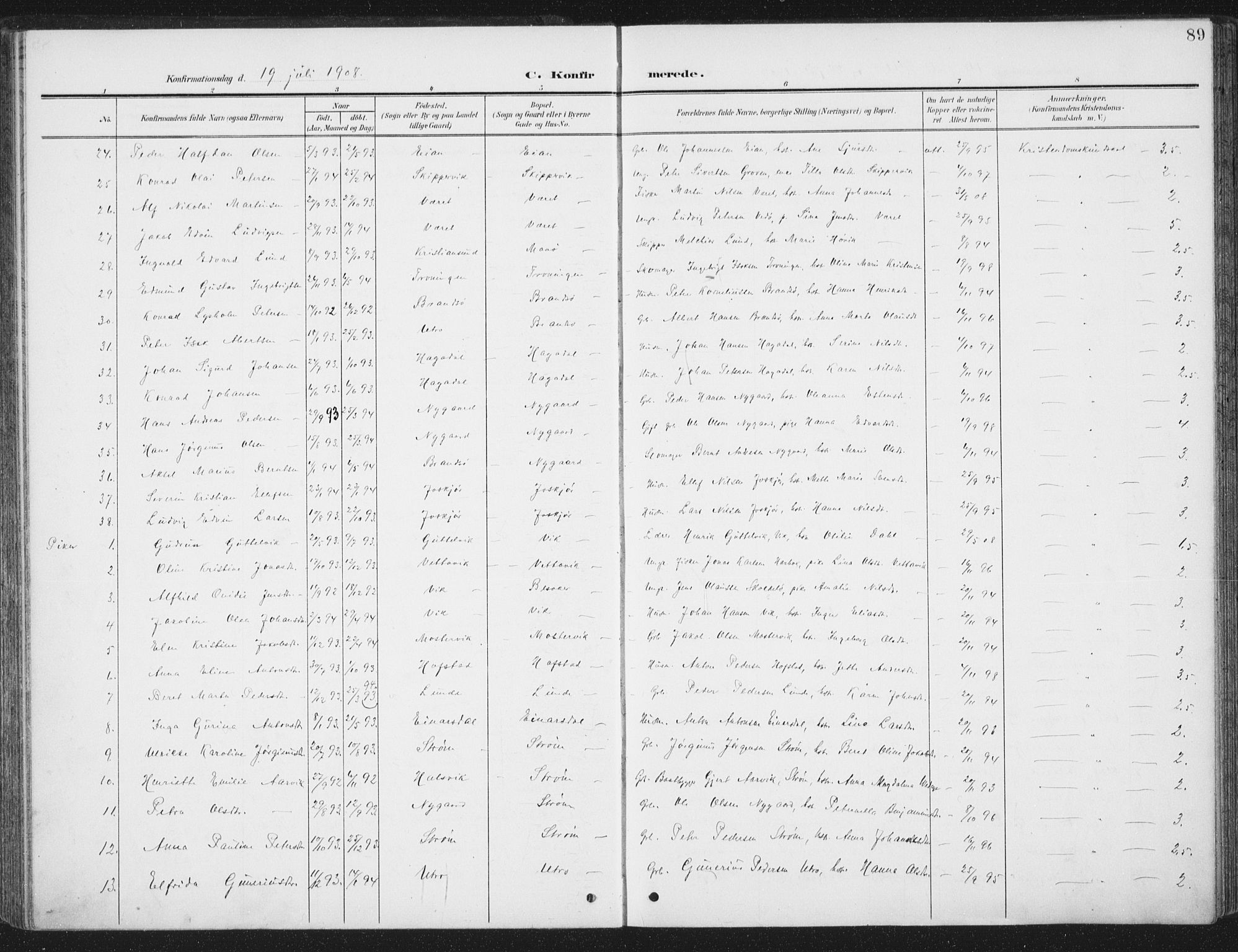 Ministerialprotokoller, klokkerbøker og fødselsregistre - Sør-Trøndelag, SAT/A-1456/657/L0709: Parish register (official) no. 657A10, 1905-1919, p. 89