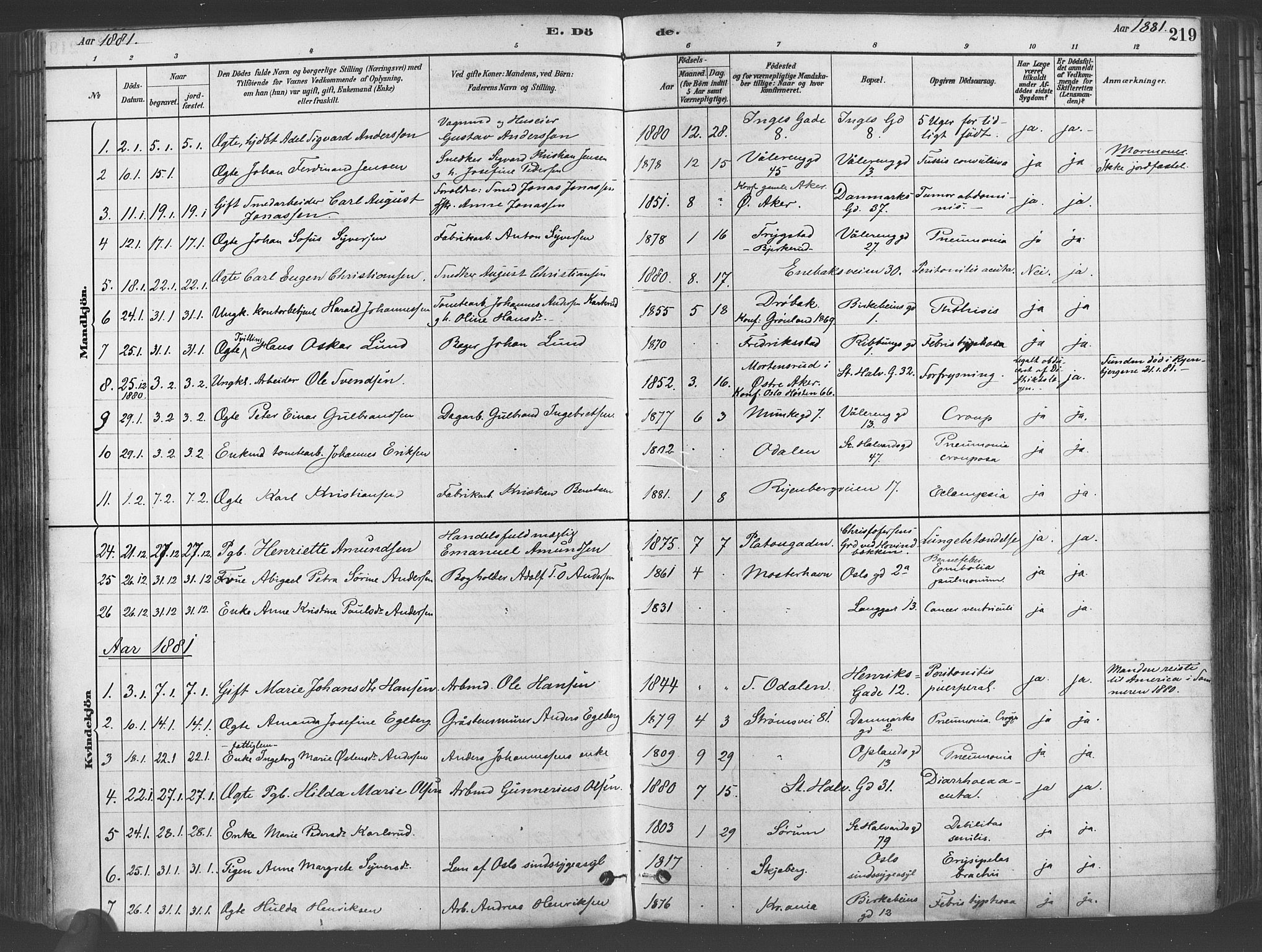 Gamlebyen prestekontor Kirkebøker, SAO/A-10884/F/Fa/L0006: Parish register (official) no. 6, 1881-1890, p. 219
