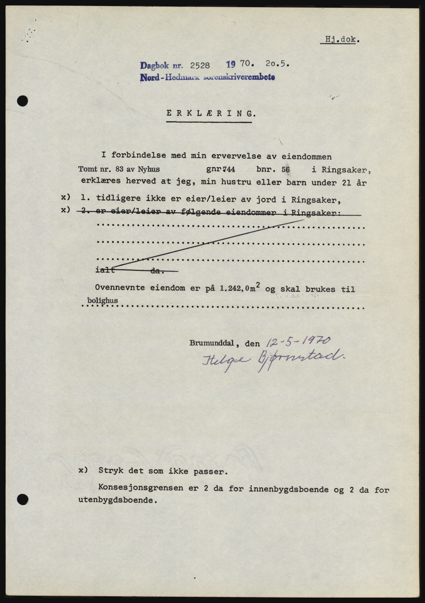 Nord-Hedmark sorenskriveri, SAH/TING-012/H/Hc/L0033: Mortgage book no. 33, 1970-1970, Diary no: : 2528/1970