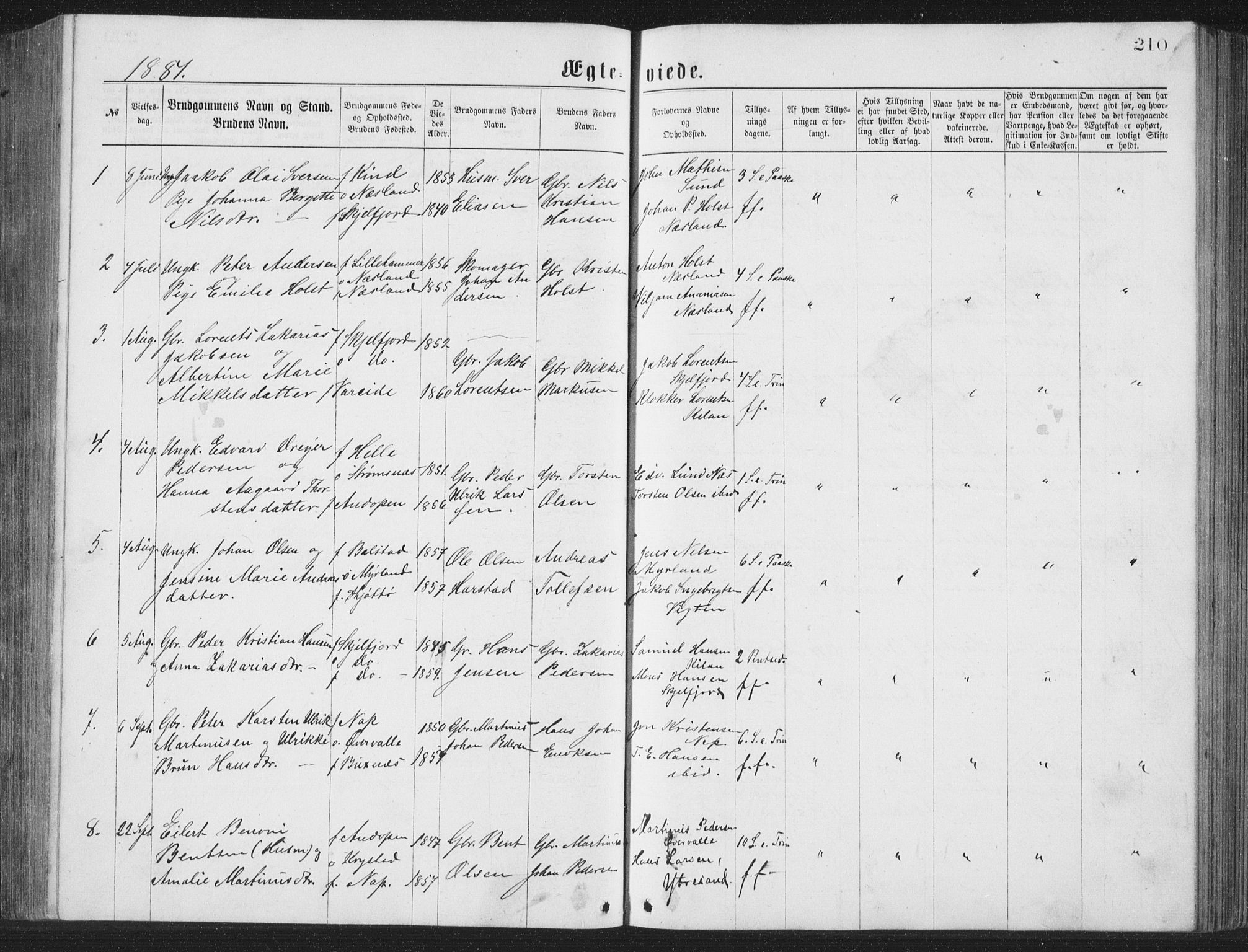 Ministerialprotokoller, klokkerbøker og fødselsregistre - Nordland, AV/SAT-A-1459/885/L1213: Parish register (copy) no. 885C02, 1874-1892, p. 210