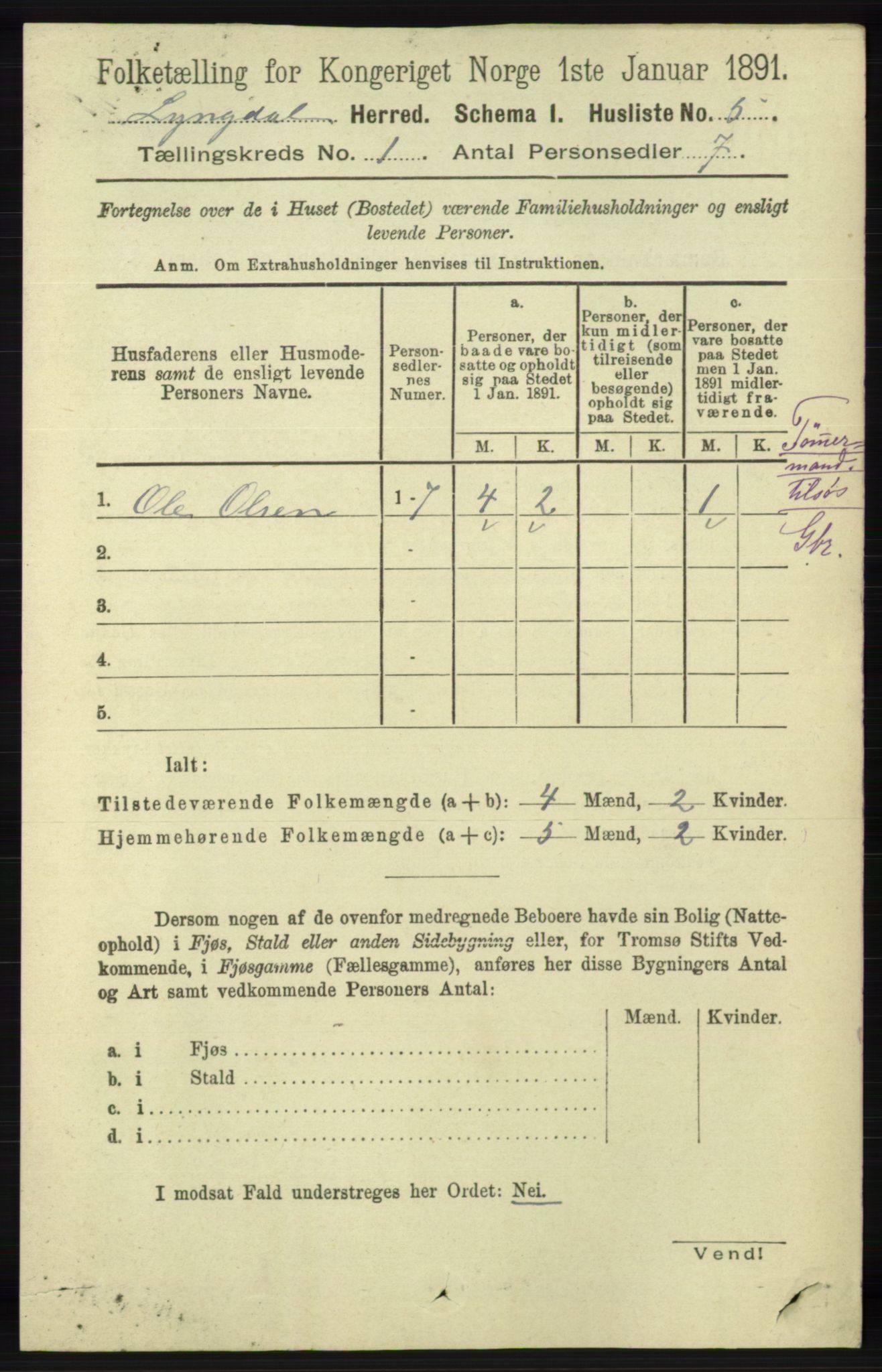 RA, 1891 census for 1032 Lyngdal, 1891, p. 45