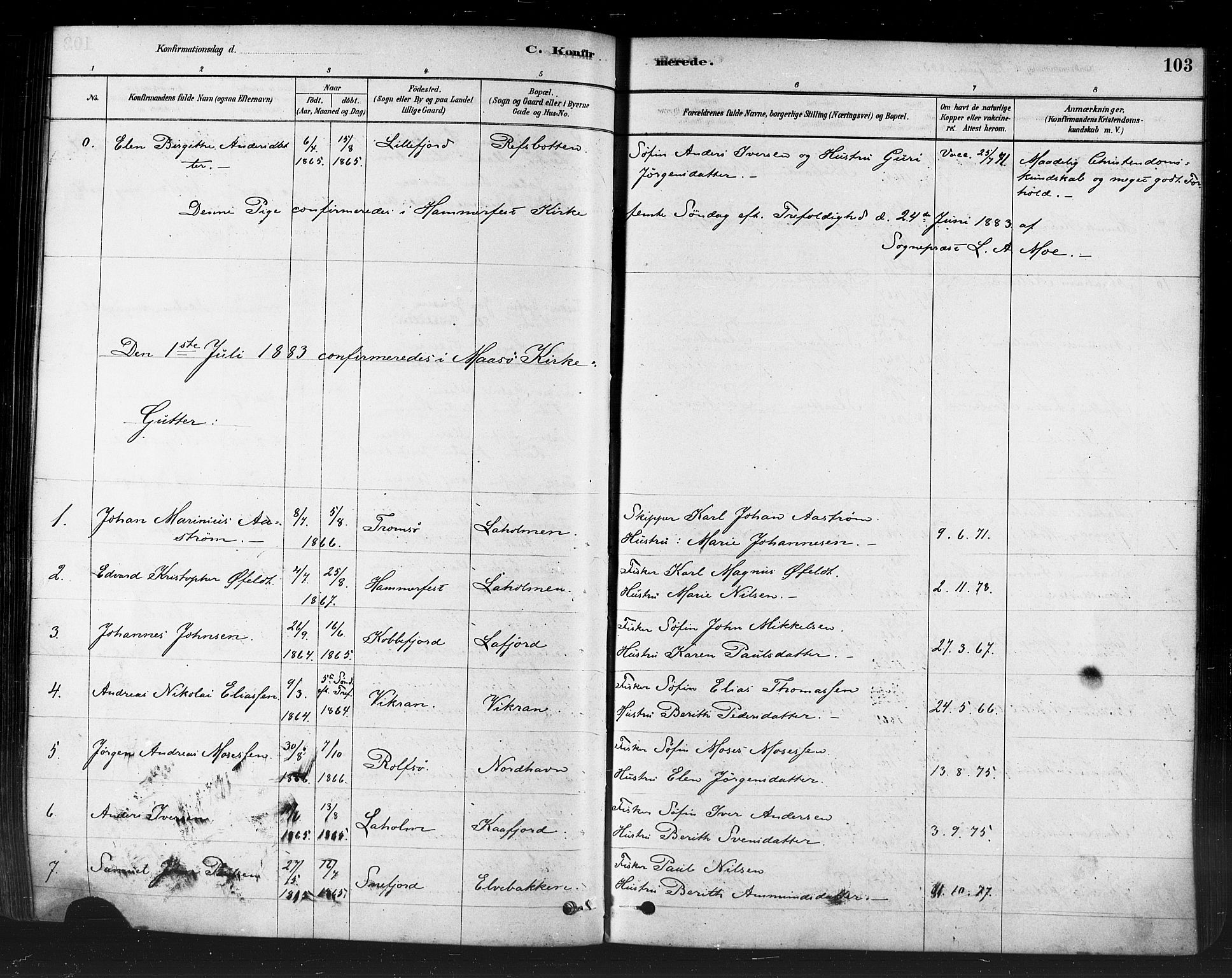 Måsøy sokneprestkontor, SATØ/S-1348/H/Ha/L0004kirke: Parish register (official) no. 4, 1878-1891, p. 103