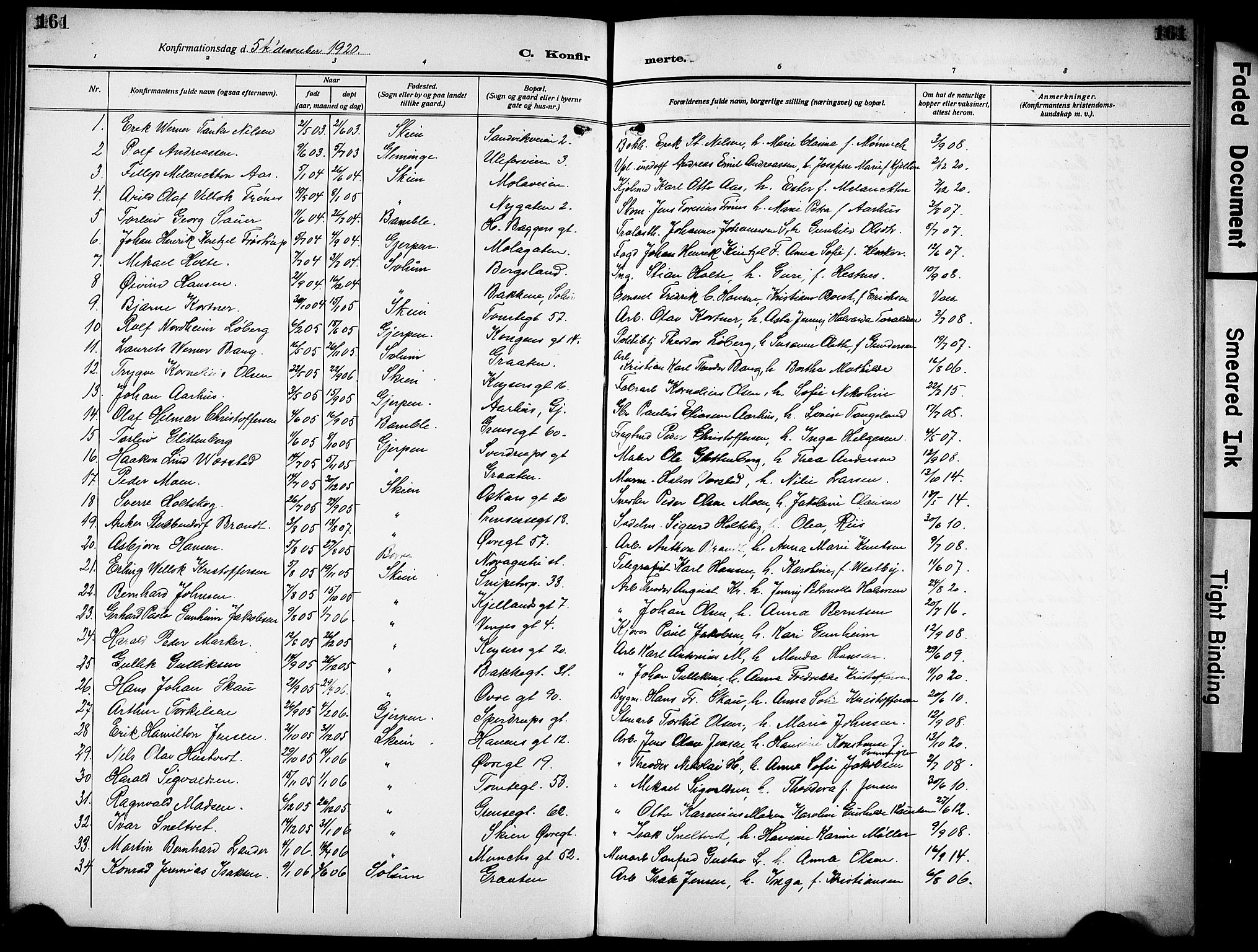 Skien kirkebøker, AV/SAKO-A-302/G/Ga/L0010: Parish register (copy) no. 10, 1920-1931, p. 161