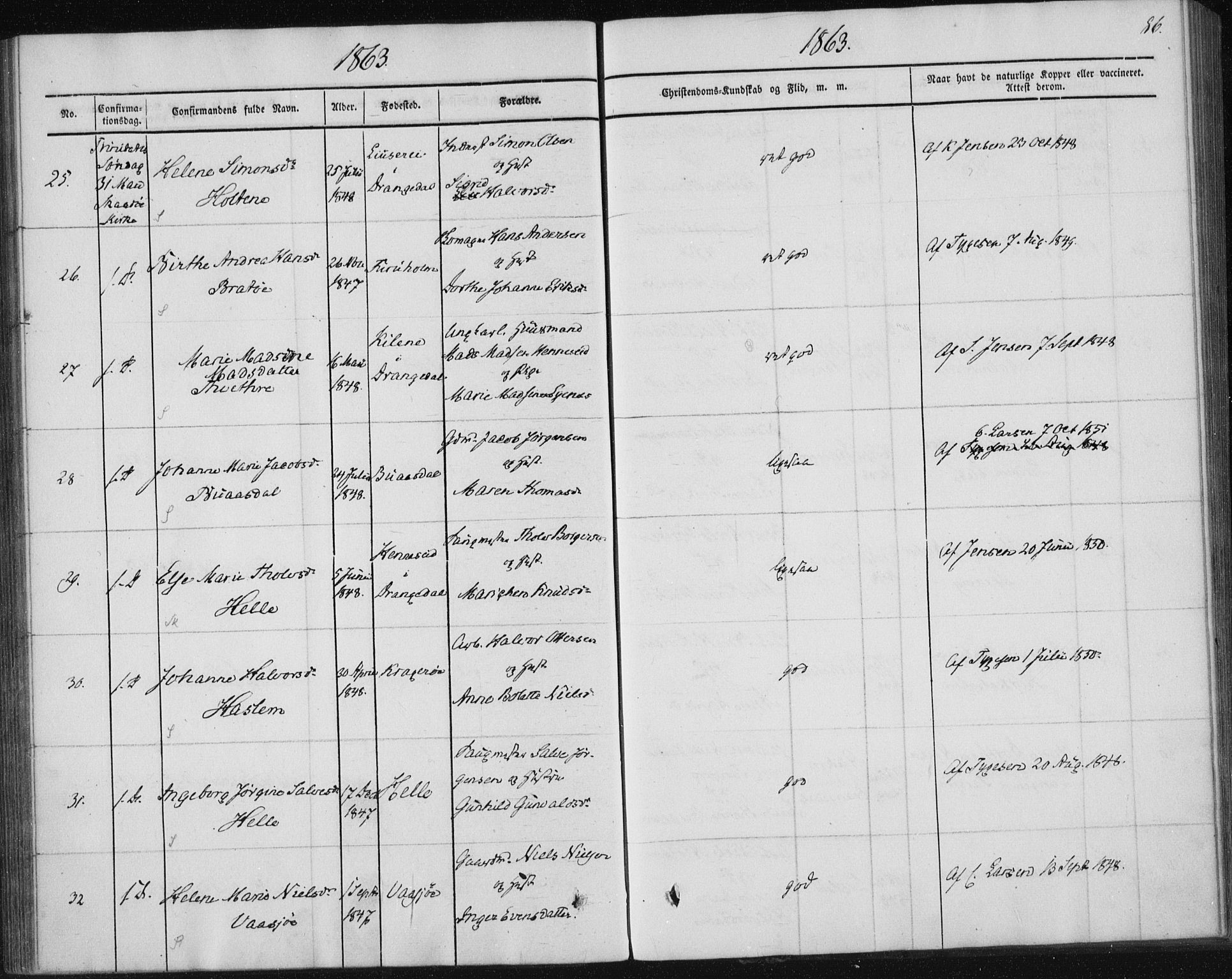 Sannidal kirkebøker, AV/SAKO-A-296/F/Fa/L0009: Parish register (official) no. 9, 1855-1873, p. 86