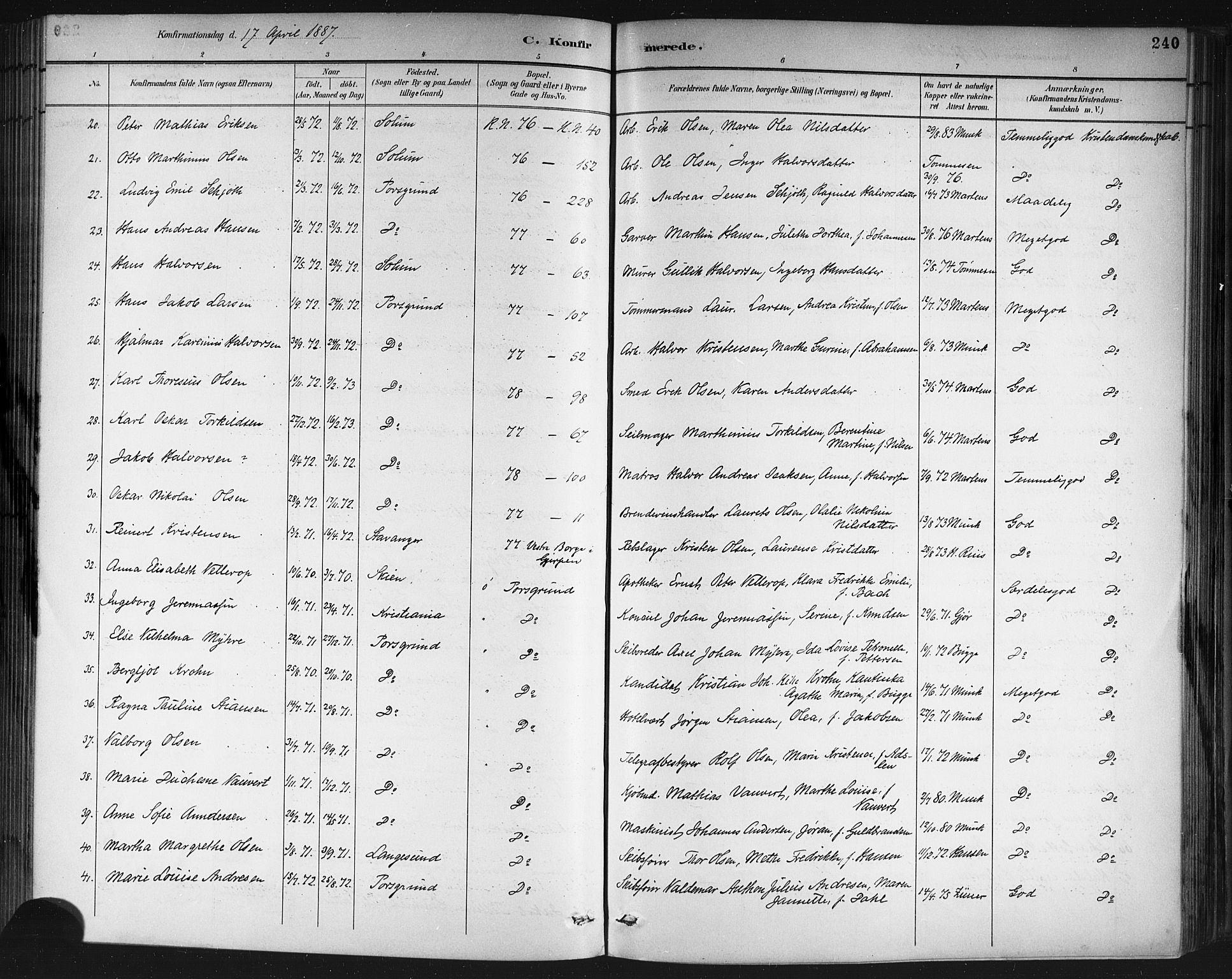 Porsgrunn kirkebøker , SAKO/A-104/G/Gb/L0005: Parish register (copy) no. II 5, 1883-1915, p. 240