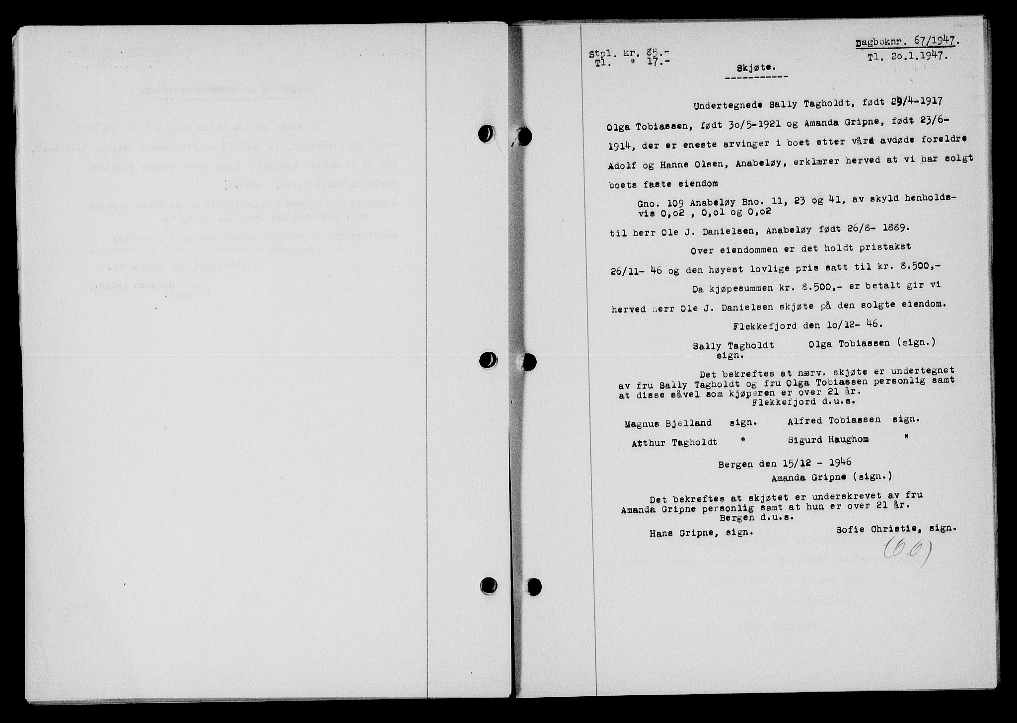 Flekkefjord sorenskriveri, SAK/1221-0001/G/Gb/Gba/L0061: Mortgage book no. A-9, 1946-1947, Diary no: : 67/1947