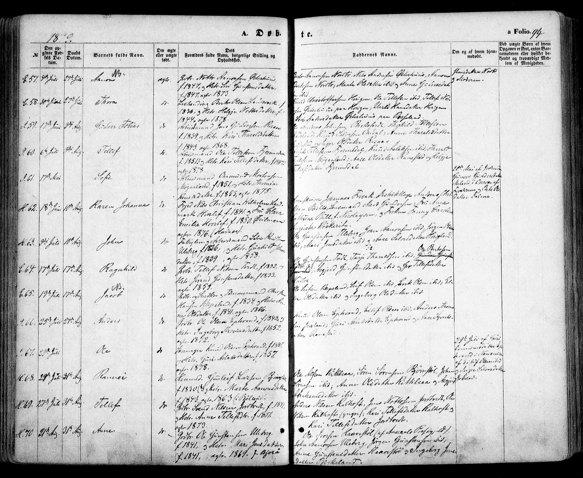 Evje sokneprestkontor, AV/SAK-1111-0008/F/Fa/Faa/L0006: Parish register (official) no. A 6, 1866-1884, p. 94