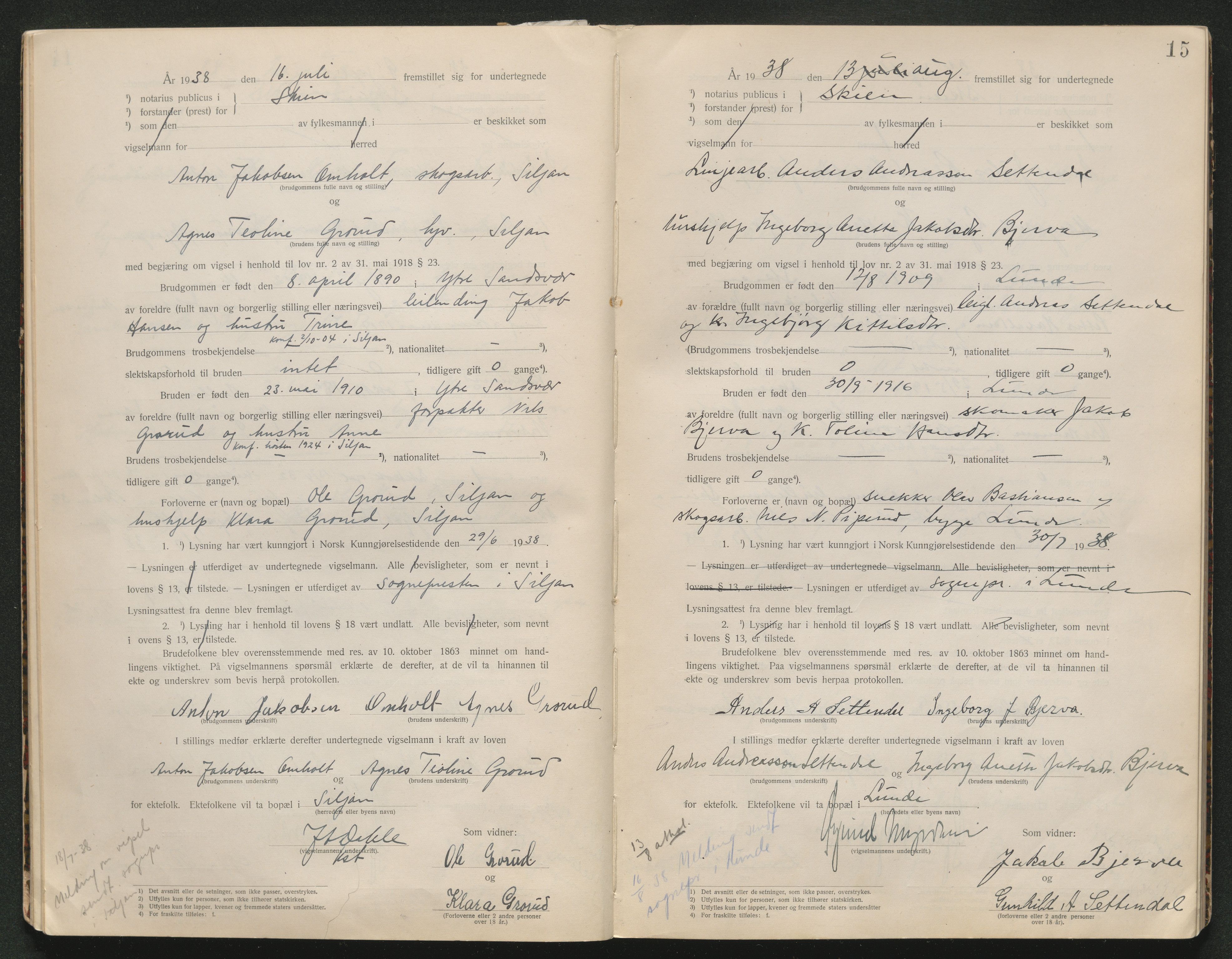 Skien sorenskriveri, AV/SAKO-A-225/L/La/L0001: Vigselsprotokoll, 1920-1947, p. 15