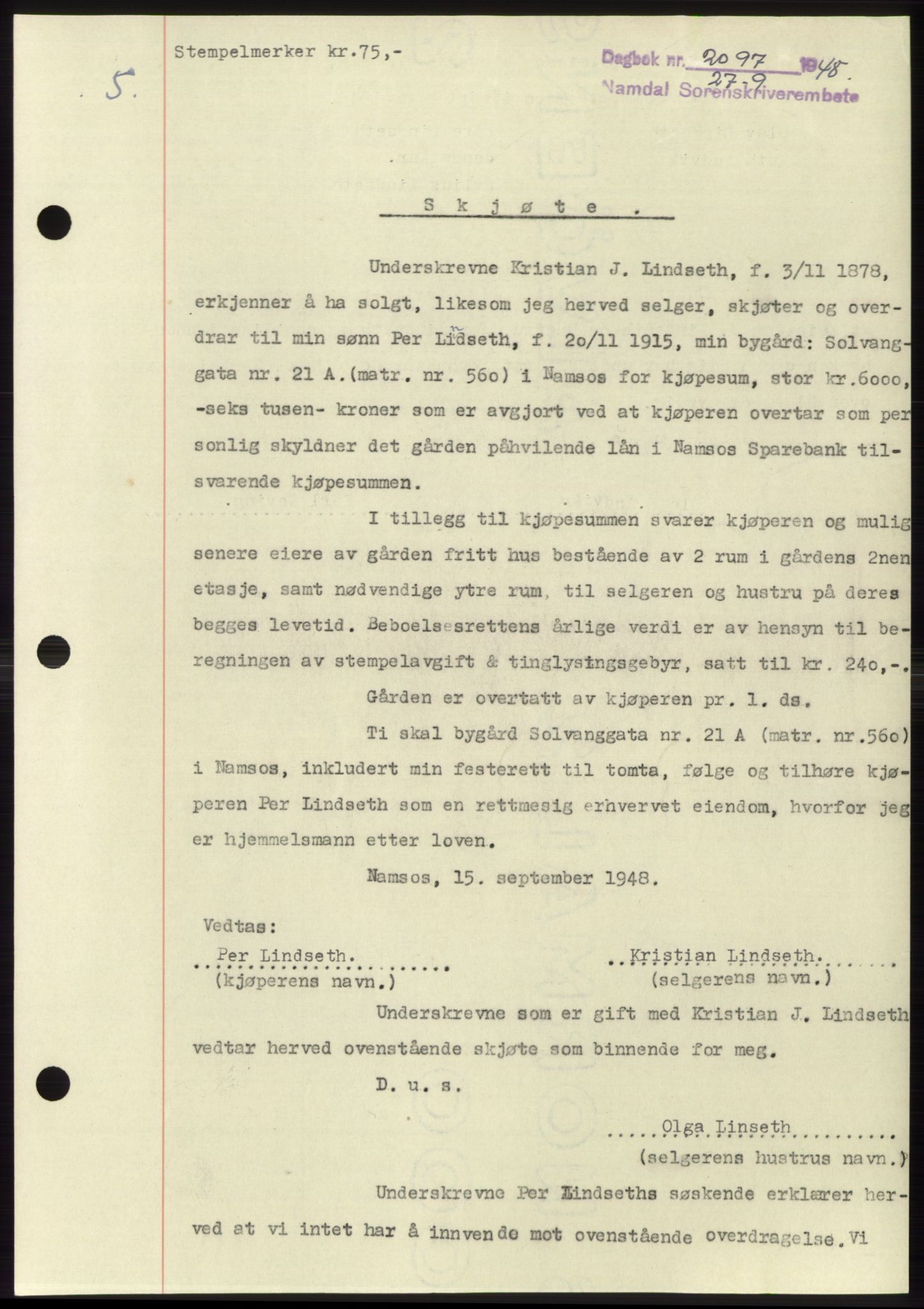 Namdal sorenskriveri, AV/SAT-A-4133/1/2/2C: Mortgage book no. -, 1948-1948, Diary no: : 2097/1948