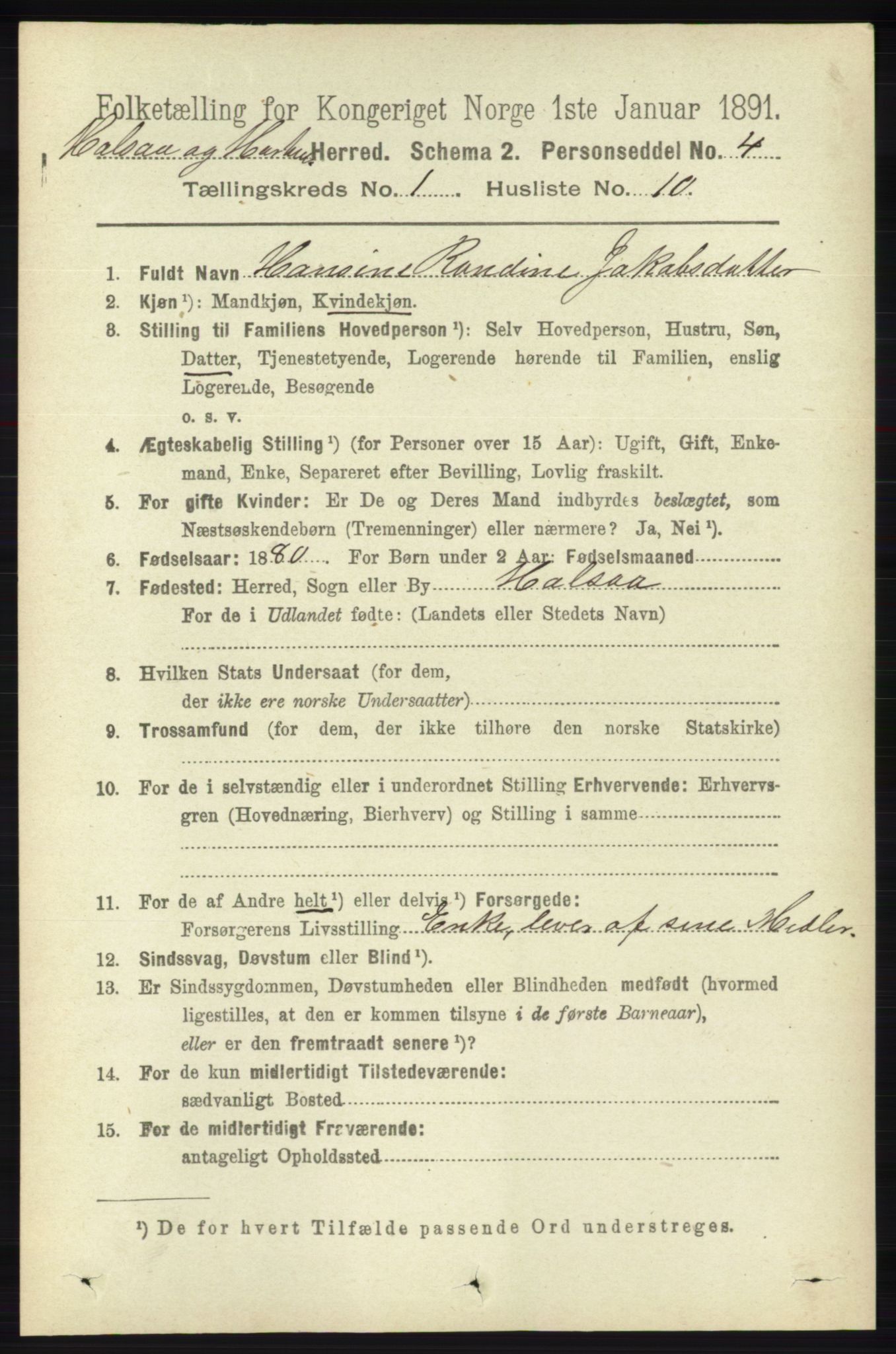 RA, 1891 census for 1019 Halse og Harkmark, 1891, p. 142