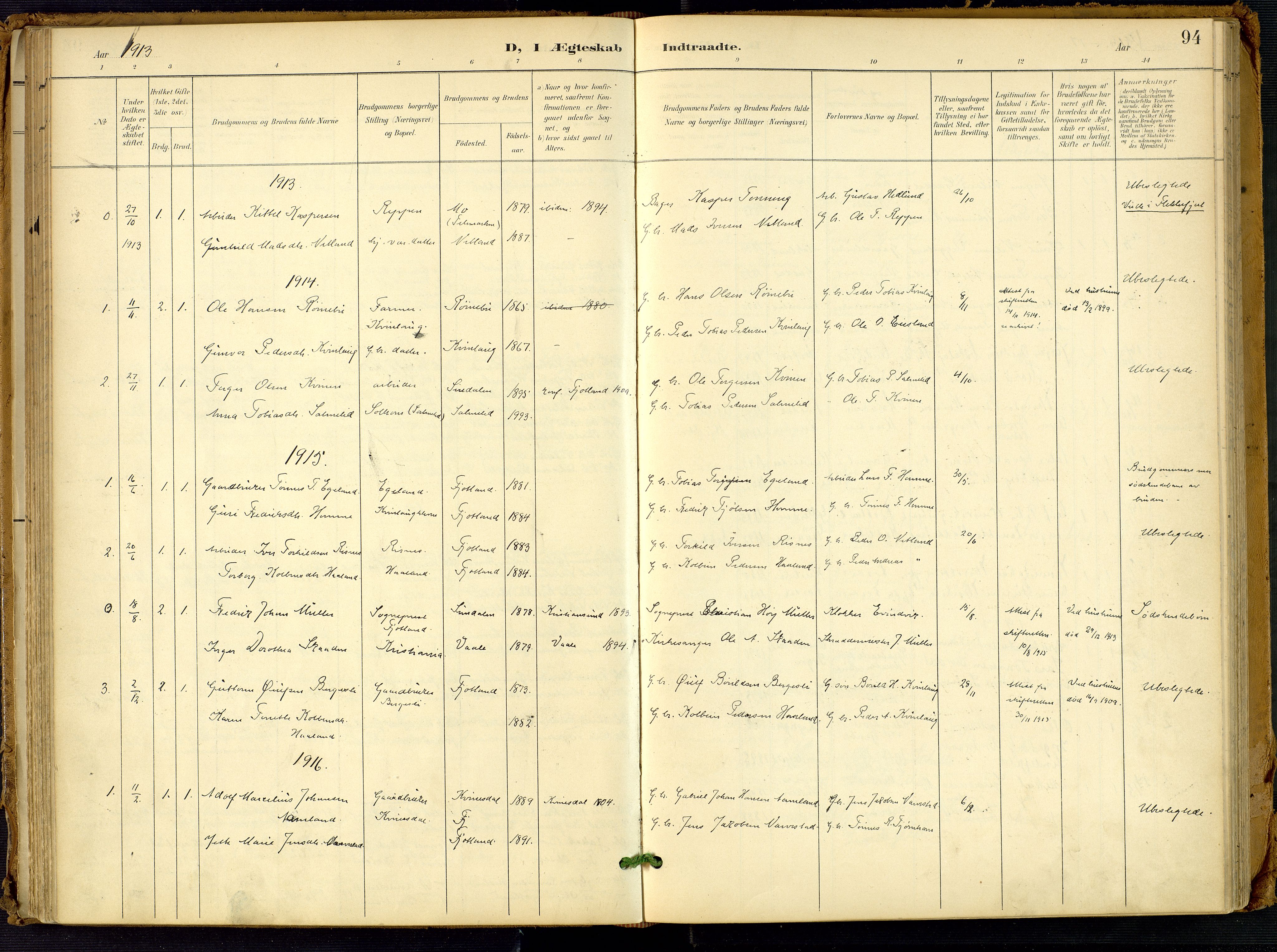 Fjotland sokneprestkontor, AV/SAK-1111-0010/F/Fa/L0003: Parish register (official) no. A 3, 1899-1917, p. 94