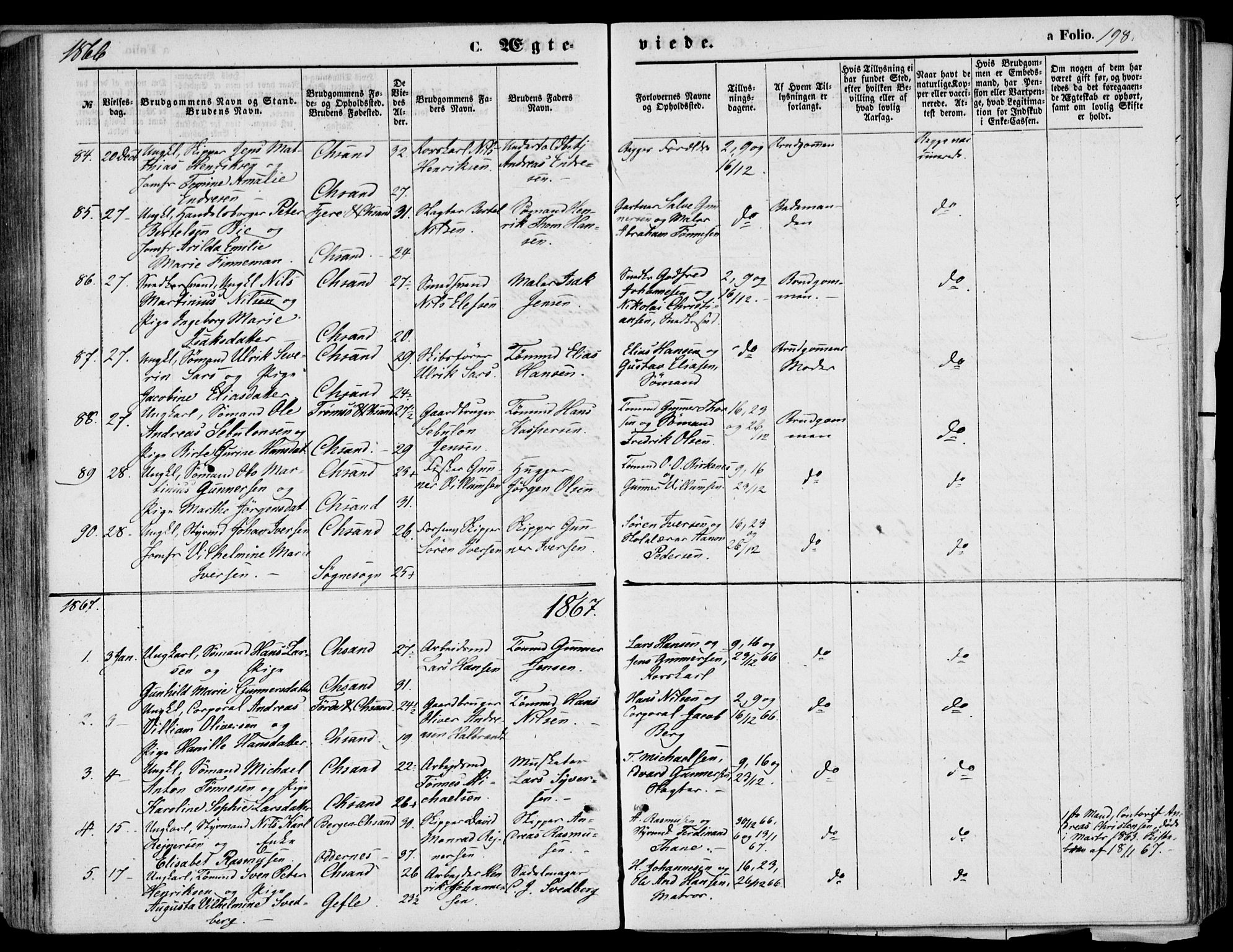 Kristiansand domprosti, SAK/1112-0006/F/Fb/L0012: Parish register (copy) no. B 12, 1861-1870, p. 198