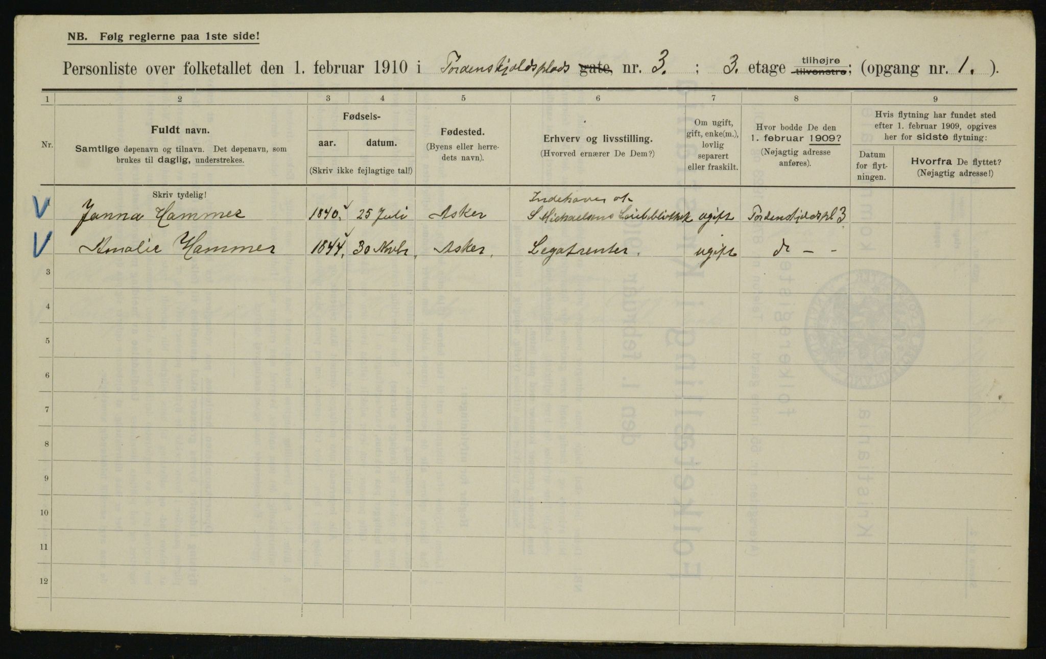 OBA, Municipal Census 1910 for Kristiania, 1910, p. 108059