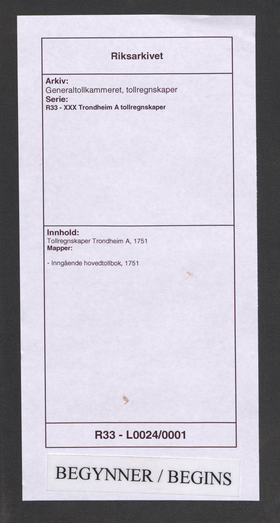 Generaltollkammeret, tollregnskaper, AV/RA-EA-5490/R33/L0024/0001: Tollregnskaper Trondheim A / Inngående hovedtollbok, 1751