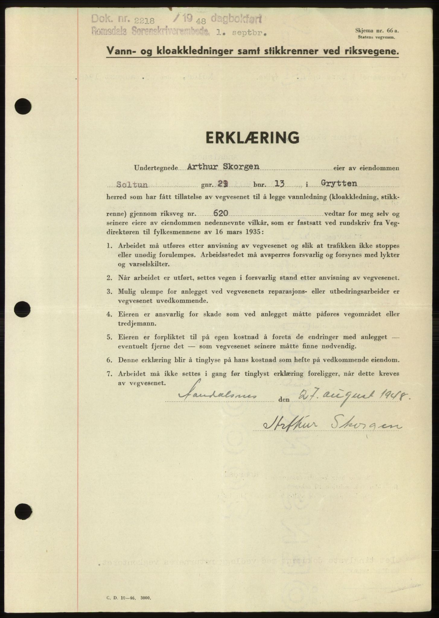 Romsdal sorenskriveri, AV/SAT-A-4149/1/2/2C: Mortgage book no. B4, 1948-1949, Diary no: : 2218/1948