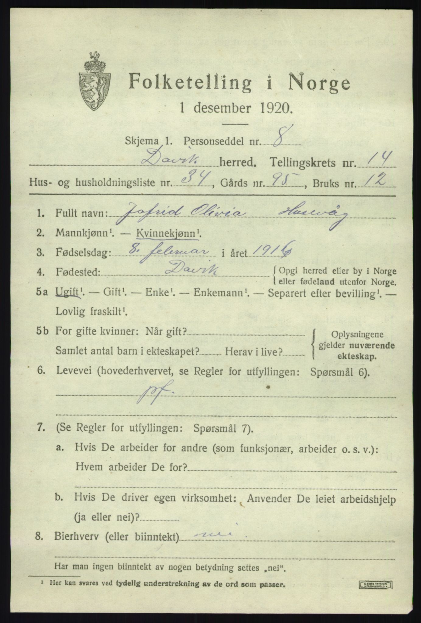 SAB, 1920 census for Davik, 1920, p. 6825